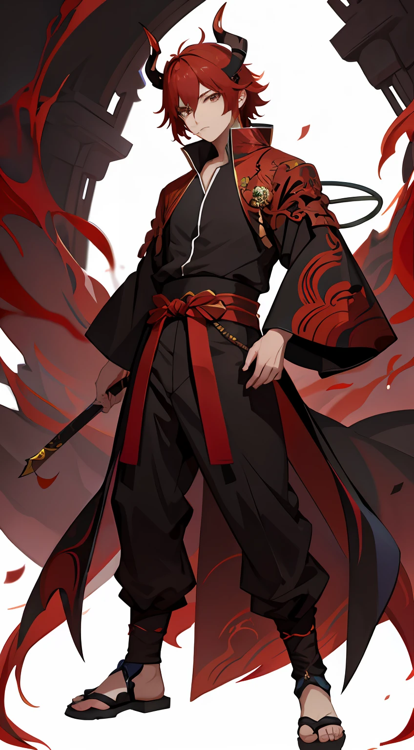 Anime character with red hair and black costume holding a sword, handsome guy in demon slayer art, Trending on ArtStation pixiv, demon slayer rui fanart, Lung-hsien, by Yang J, demon slayer artstyle, beautiful male god of death, keqing from genshin impact, badass anime 8 K, inspired by Kanō Hōgai, onmyoji detailed art