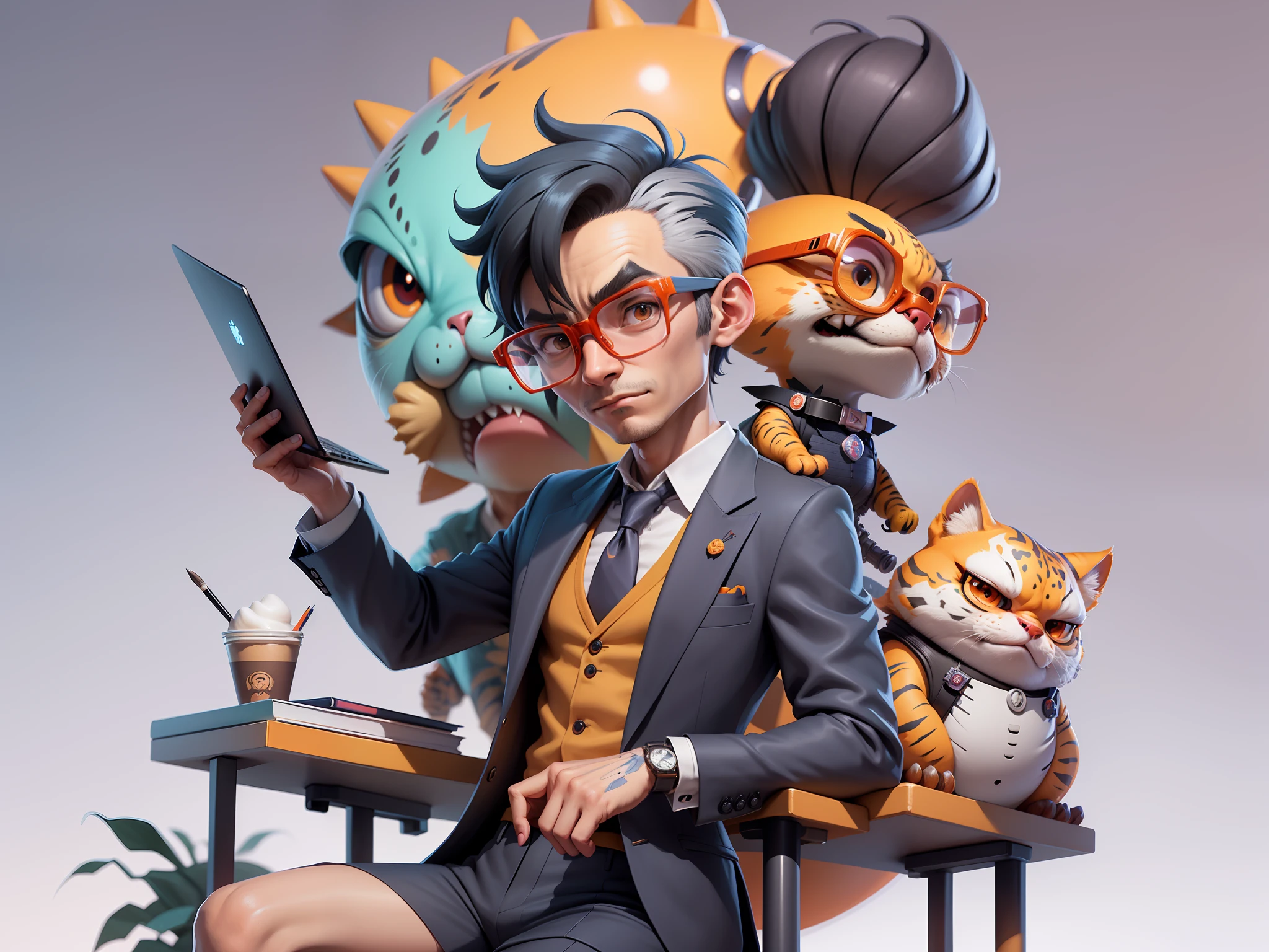 A young man in a suit, Short hair and glasses sat at his desk,holding laptop,digitial painting,tigre,3D character design by Mark Clairen and Pixar and Hayao Miyazaki and Akira Toriyama,4K HD illustration,Very detailed facial features and cartoon-style visuals。