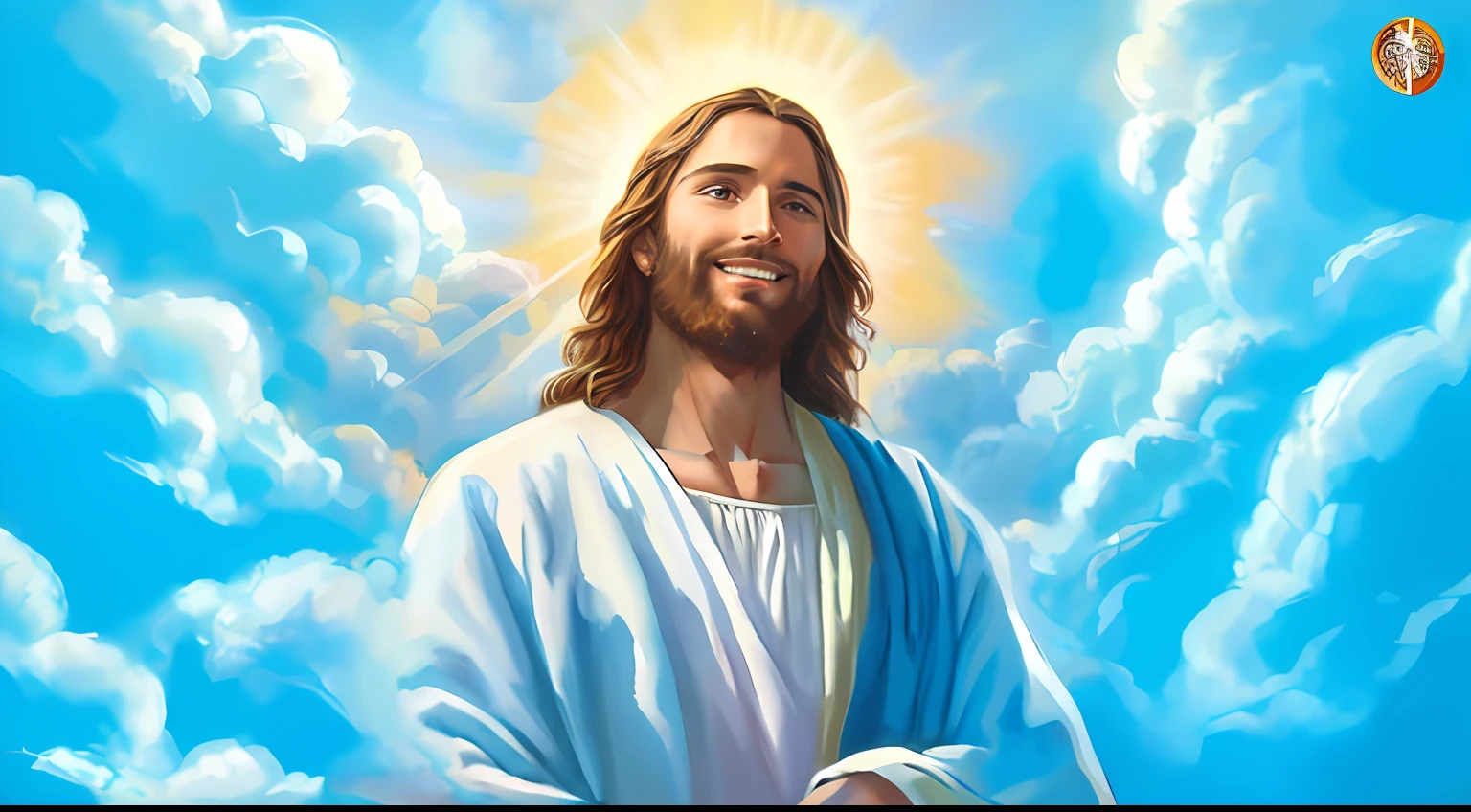 a painting of jesus with a halo in the sky, jesus christ, smiling in heaven, portrait of jesus christ, jesus face, young almighty god, portrait of a heavenly god, greg olsen, gigachad jesus, jesus of nazareth, jesus, the face of god, god looking at me, he is greeting you warmly, he is happy, avatar image