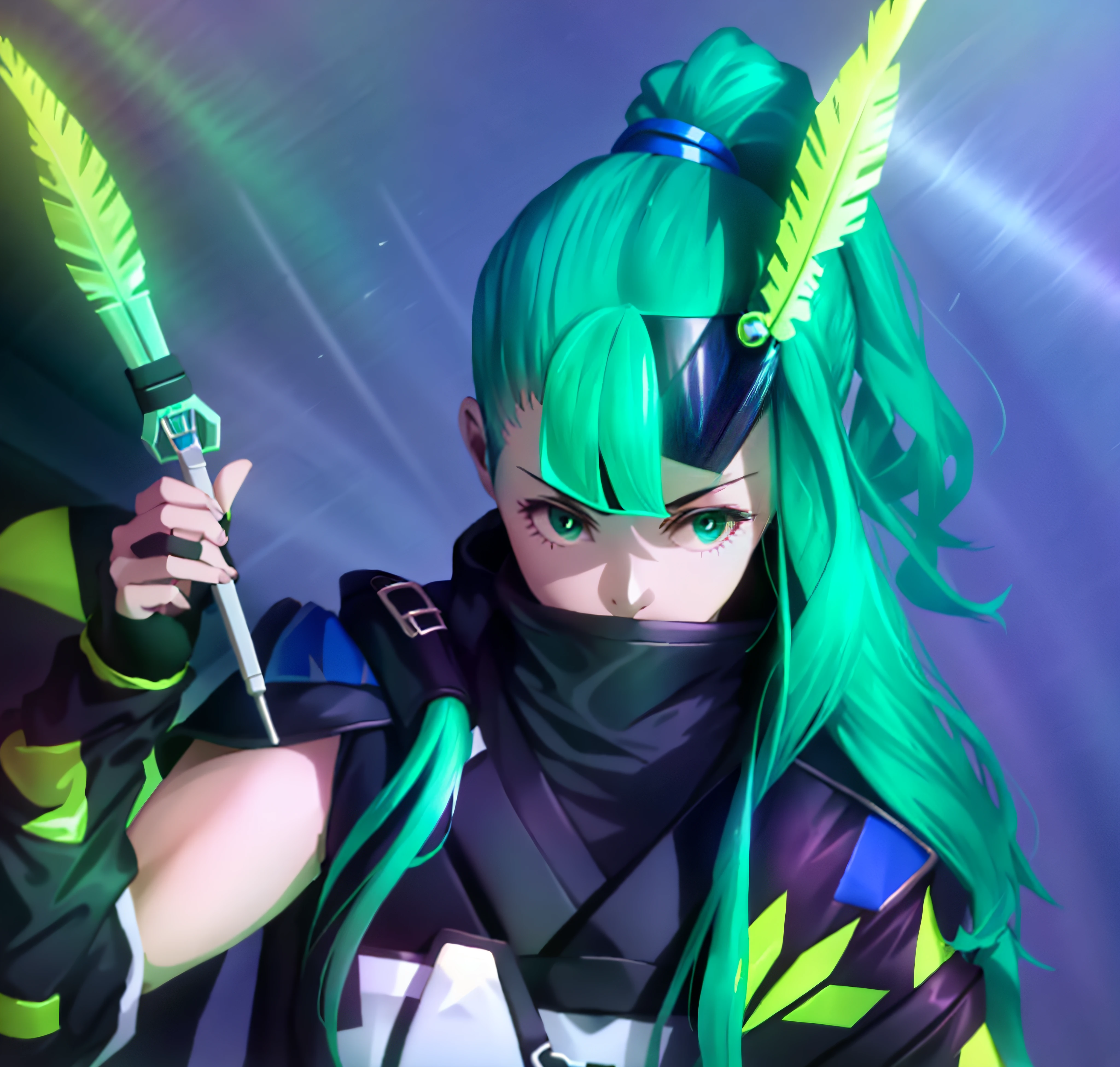 A cool girl，High neck zip leggings tracksuit covers chin，Green high ponytail hair，Sharp eyes，Feather-shaped darts in hand，Wear a hairpin in the shape of a feather