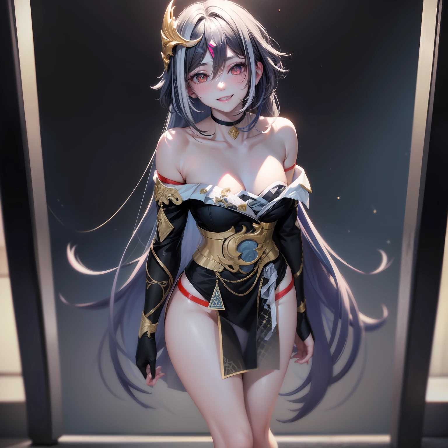 Best quality, Masterpiece, Ultra-detailed, Beautiful, A high resolution, Original, absurderes, Felt, 1girll, Solo, Long_Hair, Looking_at_peeping at the viewer, Smile,A bit obsessive-compulsive, bangs, black_Hair, Hair_decorations, Red_Eyes, Hair_between_Eyes, Chinese_clothes, uneven_Sleeves, :D, standing, Simple background, White background, mitts, asymmetrical_Sleeves, Fingerless gloves, High quality, full body detailing, Golden ratio, RAW photo (Short straight black hair) (pale 20-year-old woman, short,head straight-looking at viewer, full bodyesbian, Perfect face, Amazing eyes, Vivid details, (skin with many details), (Dark), aurora, (Backlight: 0.5), Depth of field, Canon 5D, 50mm lens, f/4 aperture, (Super detail), Sharp focus, pastelcolor, 8K, consciousness, 8mm film food, War photography absurdity、tmasterpiece、Best quality、realisticlying、Hyper-detailing、(Shiny skin,sweat leggs:1.4)、Slim、Look at the audience、1girll、Solo、(thick thight:0.5)、动态照明、A high resolution、sharp fokus、depth of fields、