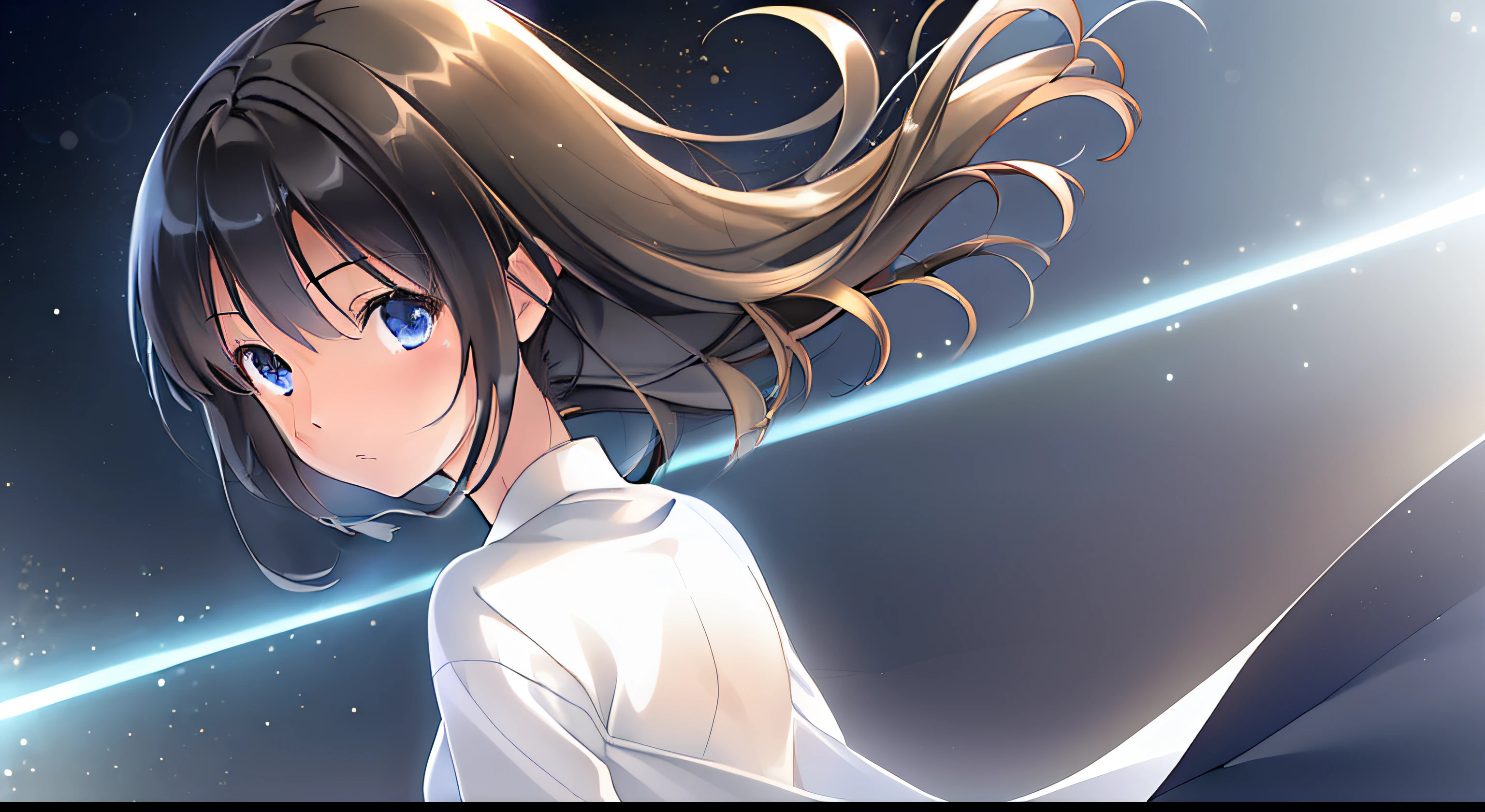 1girl, solo, cg art, sakaki, medium black hair to back, blue eyes, (1piece), (white clothes), looking at viewer, limbo, all black, leaving, lighting, sad