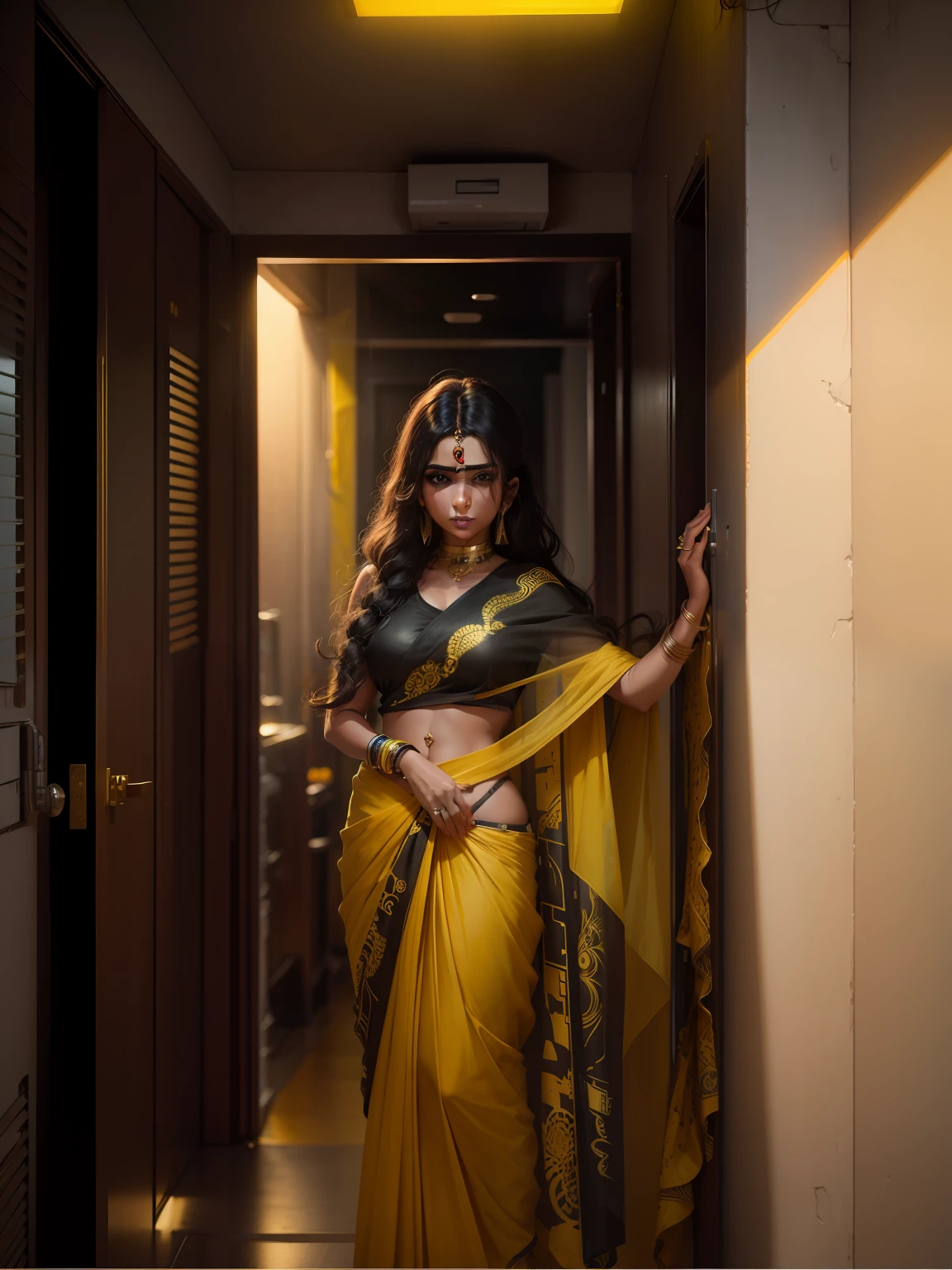 change background cyberpunk indian beautiful girl, wearing yellow saree, black blaus, curle hair, Front of Door, Ultra realistic , 8k