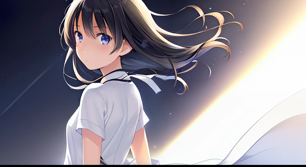 1girl, solo, cg art, sakaki, medium black hair to back, blue eyes, (1piece), (white clothes), looking at viewer, limbo, all black, leaving, lighting, sad