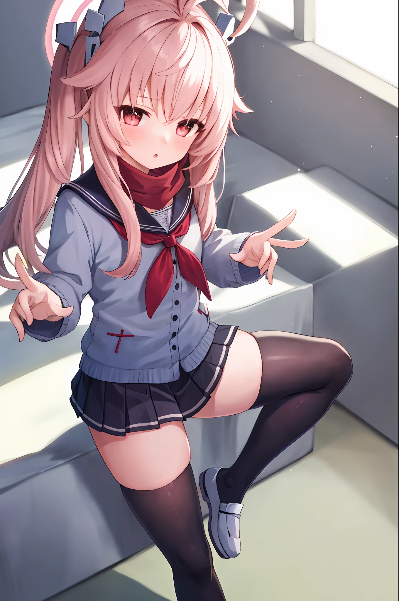 1girl,natsu,A pink-haired,halo,ahoge,side ponytails,long whitr hair,ahoge,hair adornments,long whitr hair,longer sleeves,Sailor collar,校服,serafuku,a skirt,upper legs,Black stockings,Red scarf,(Dynamic pose, :1.3), From above