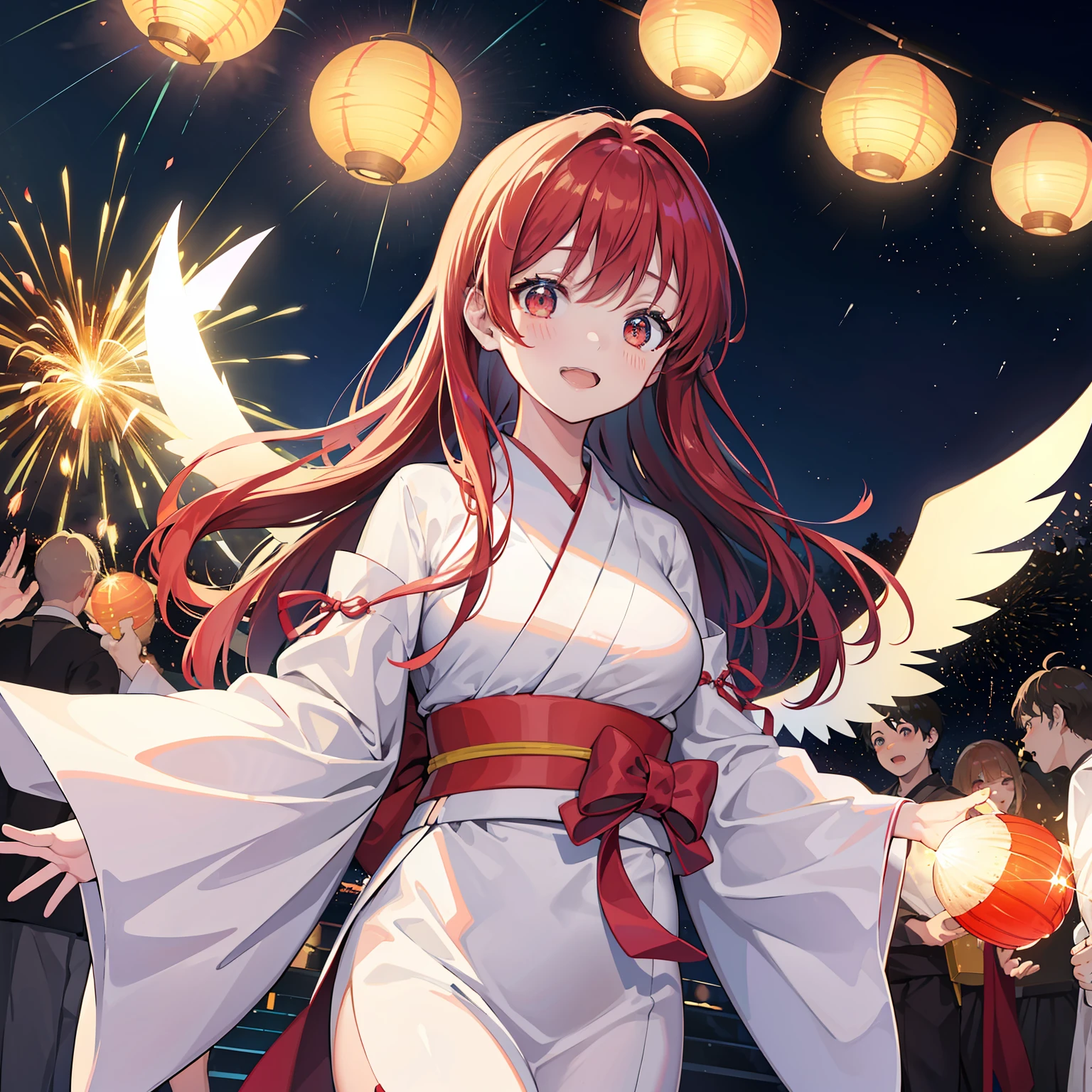 sparklers、Fulll body Shot、the setting sun、((Summer Festivals))、Wearing yukata、(paper lanterns)、(((Shine one very large wing)))、Great frolic、hiquality、high-level image quality、Particles of light floating in the sky、ultra-detailliert, Beautifully Aesthetic, ​masterpiece, top-quality, vivd colour, wings are symmetrical、Set off fireworks、Neutral Girl