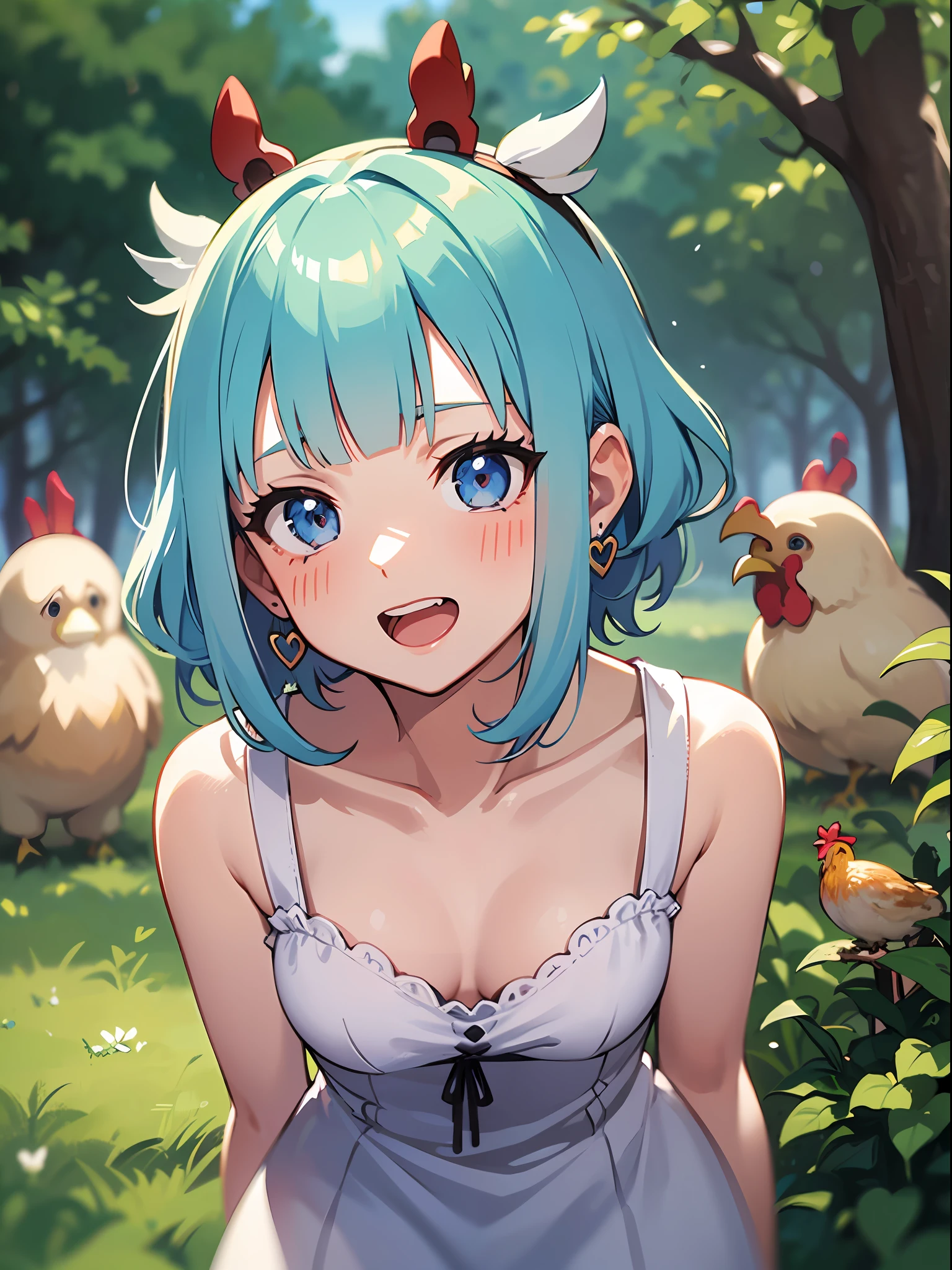 (masutepiece:1.3), (Best Quality:1.3), High resolution, Couboy Shot, Leaning forward, body facing forward, (One Cute Girl:1.3), Solo, White skin, tiny chest, eight-headed person, Light blue hair, (bobhair:1.2), (Short hair:1.2), (Blunt bangs:1.2), Beautiful hair, Blue eyes, Beautiful detailed eyes, blush, Open mouth, heart mark, Cheerful smile, one piece dress, frilld, earrings, Outdoors, Natural park, a bird, (chicken:1.3), Shadow Lighting,