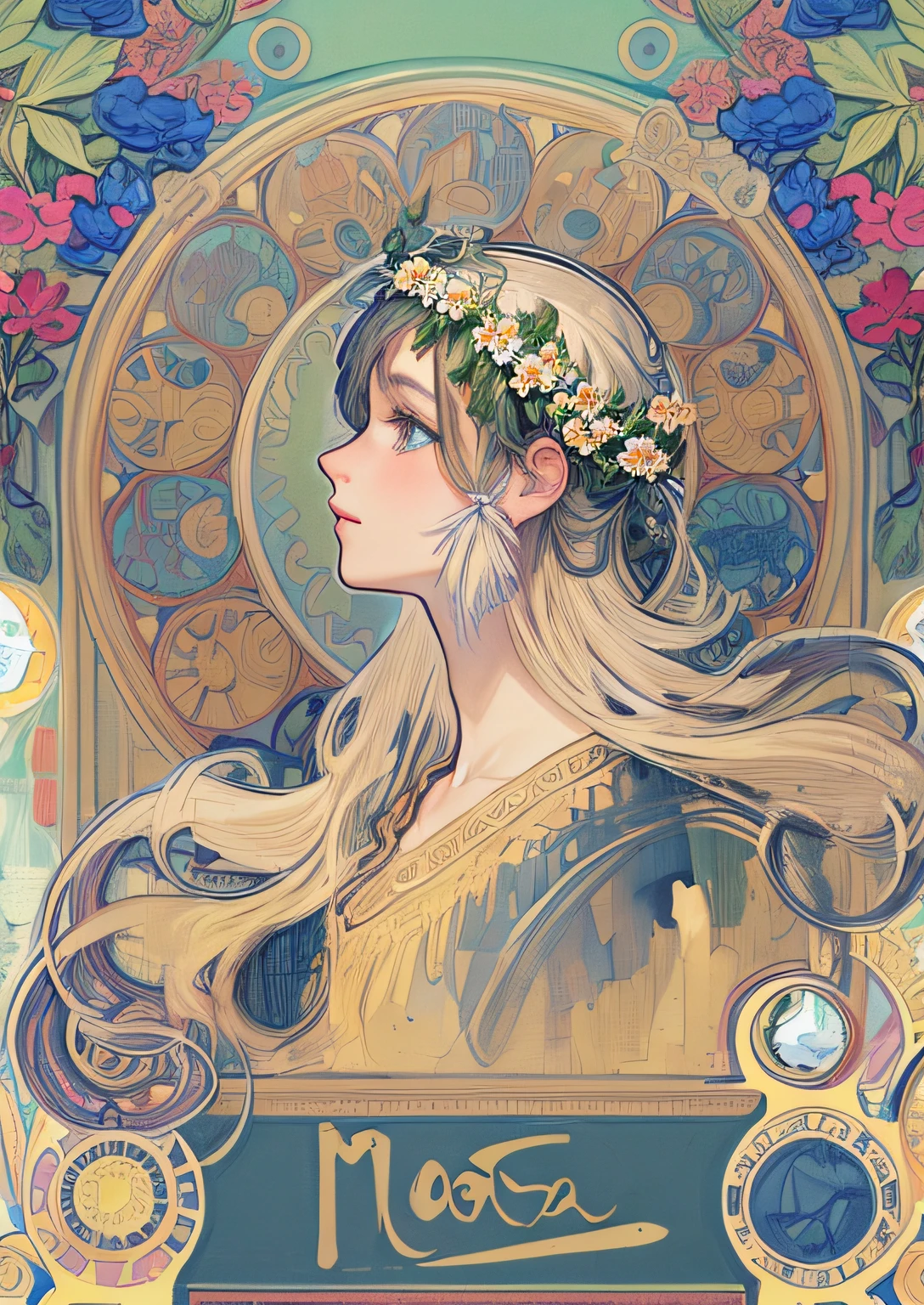 (masterpiece, best quality, detailed beautiful:1.2), (perfect sketch, detailed clothes, detailed eyes), Krenz Kchart style, Alphonse Mucha style, (1girl), solo, (looking left), dressed like nordic goddess, (portrait, shot from side), a lot of flowers in the frame,