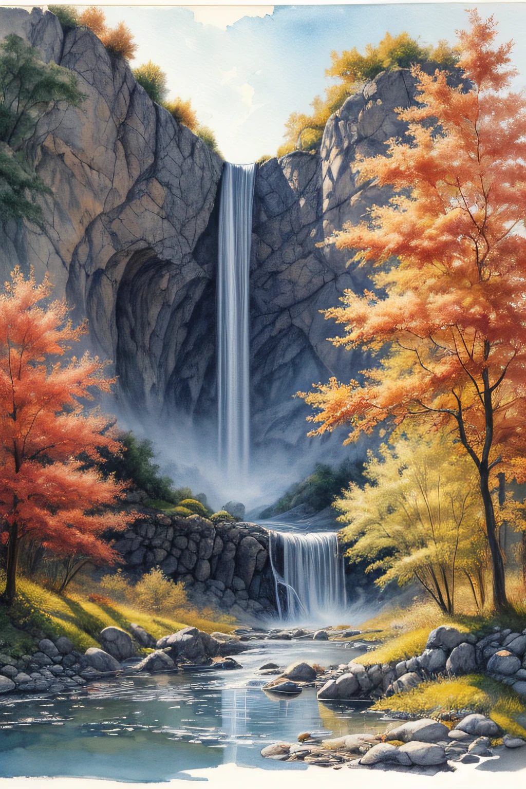 Watercolor depicting a waterfall in Germany on the background of the autumn sun. (Art form: Watercolor) Artist: Ivan Ivanov. Pastel shades, gentle atmosphere, momentary drops of water, light haze. --v 5 --stylize 1000