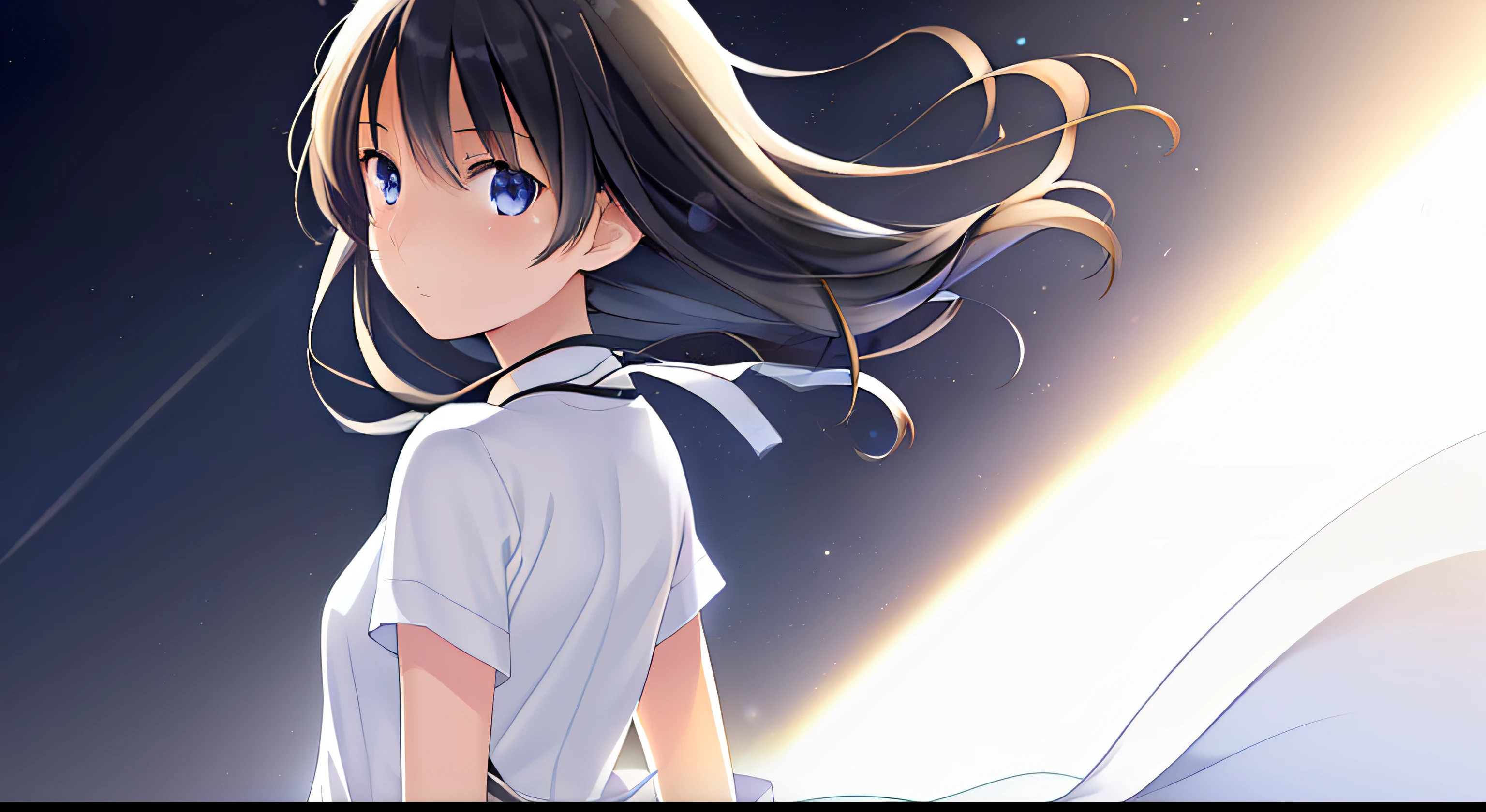 1girl, solo, cg art, sakaki, medium black hair to back, blue eyes, (1piece), (white clothes), looking at viewer, limbo, all black, leaving, lighting, sad