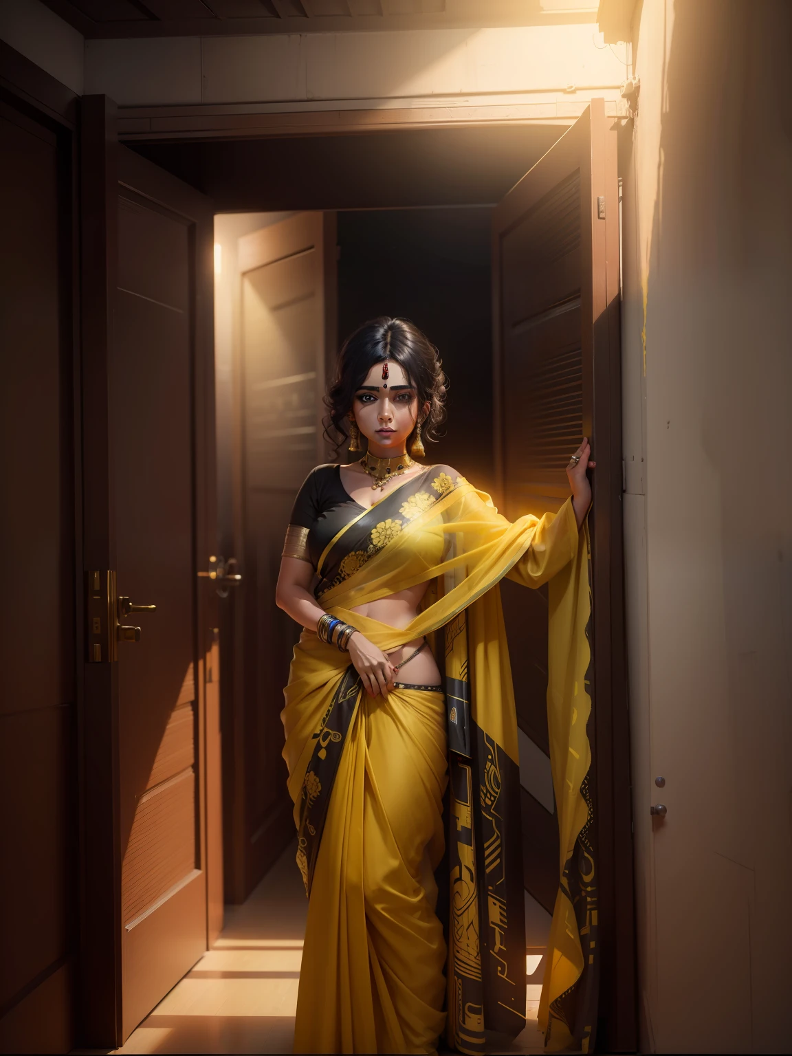 change background cyberpunk indian beautiful girl, wearing yellow saree, black blaus, curle hair, Front of Door, Ultra realistic , 8k