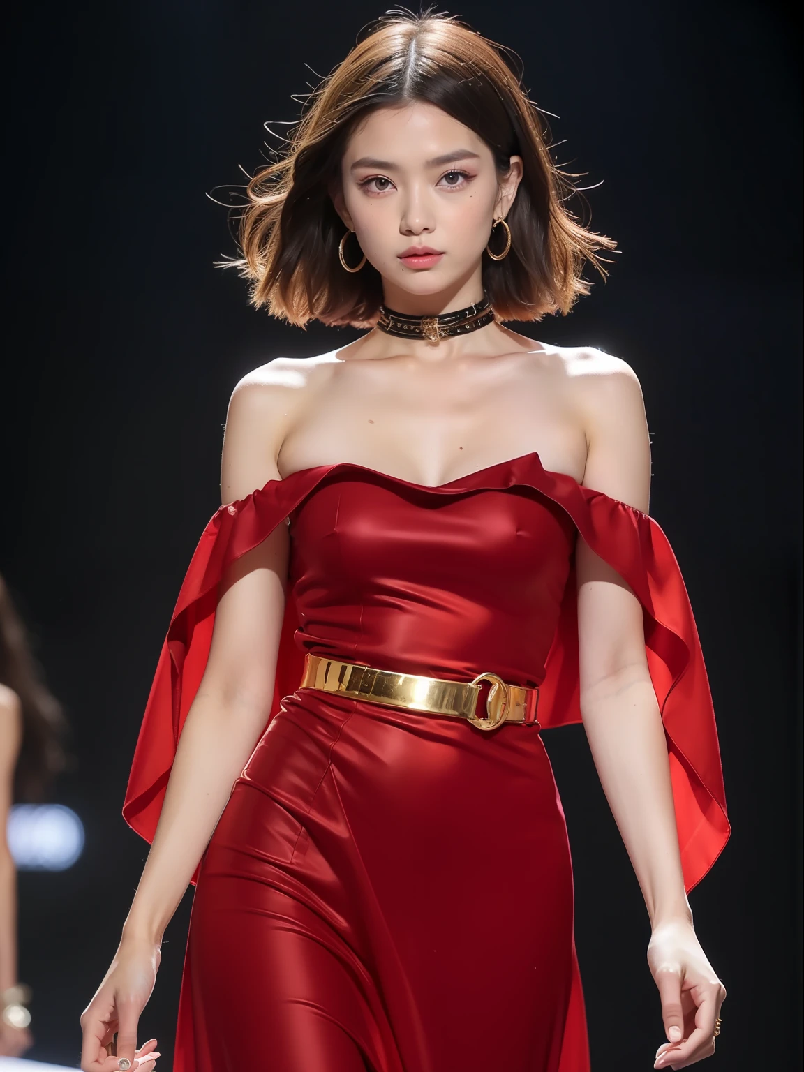(Best quality, 8k, 32k, Masterpiece, UHD:1.2),Photo of Pretty Japanese woman, 1girl, (medium-short dark brown hair), double eyelid, fashion model, beautiful legs, unique maxi very wet red dress with slit, off-shoulder, gold belt, choker, stand tall, runway, huge stage, Paris Collection, nsfw, full body, see through,,