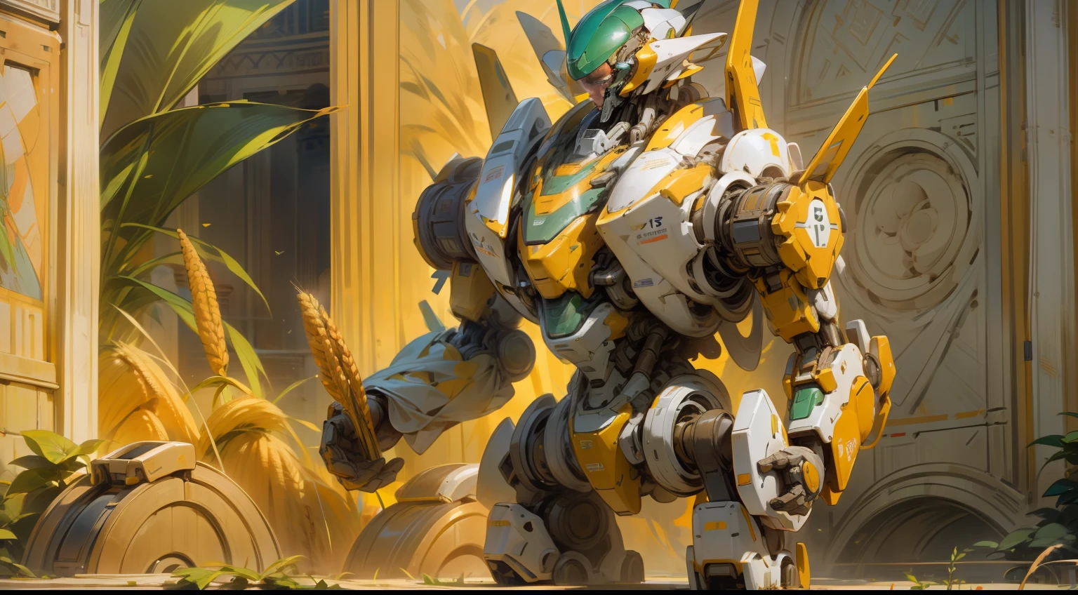A towering robotic figure inspired by Demeter, the Greek goddess of agriculture, set against a backdrop of rolling farmland. The robot's design is a fusion of nature and technology, with a color scheme of green, brown, and yellow. In its hand, it holds a sheaf of wheat, and its body is decorated with fruit-like embellishments. Its special function is to aid in the growth and harvest of crops. The image should be rendered in a hyper-realistic style, with high-resolution 16k detail. The lighting should be soft and diffused, casting long shadows across the landscape. The composition should be a low-angle shot, emphasizing the robot's size and grandeur. --ar 16:9 --v 5.1 --style raw --q 2 --s 750