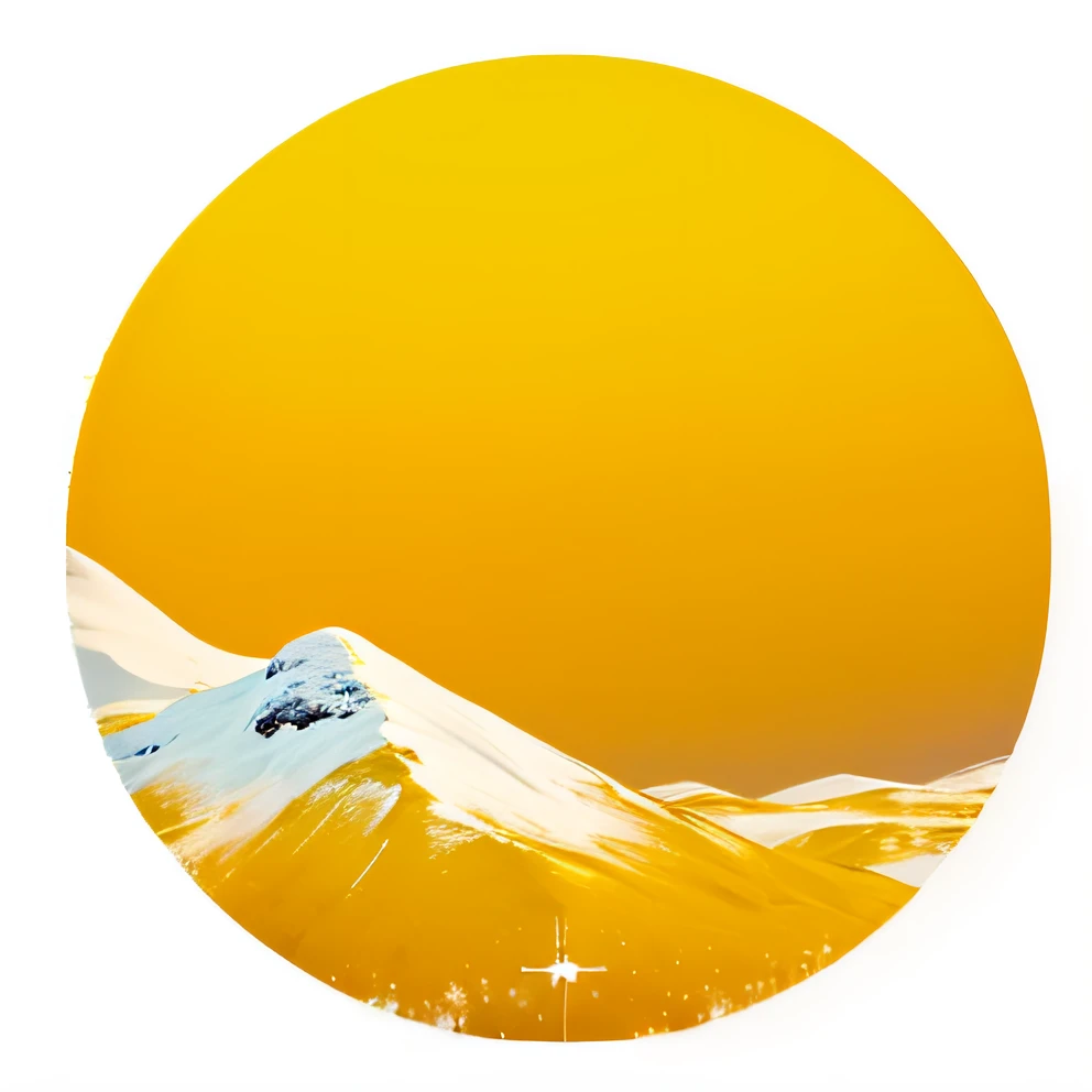 a closeup of a yellow circle with a white background, (((retrato de uma linda paisagem montanhas cheia de neve))),