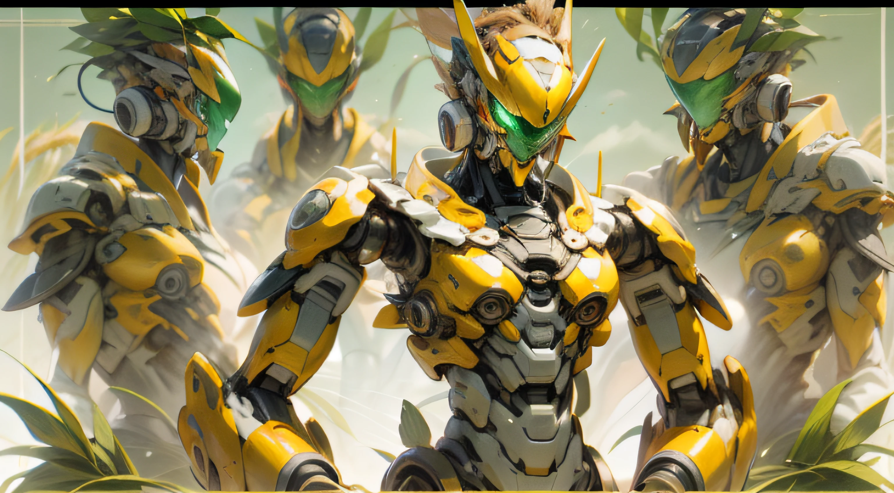 A towering robotic figure inspired by Demeter, the Greek goddess of agriculture, set against a backdrop of rolling farmland. The robot's design is a fusion of nature and technology, with a color scheme of green, brown, and yellow. In its hand, it holds a sheaf of wheat, and its body is decorated with fruit-like embellishments. Its special function is to aid in the growth and harvest of crops. The image should be rendered in a hyper-realistic style, with high-resolution 16k detail. The lighting should be soft and diffused, casting long shadows across the landscape. The composition should be a low-angle shot, emphasizing the robot's size and grandeur. --ar 16:9 --v 5.1 --style raw --q 2 --s 750