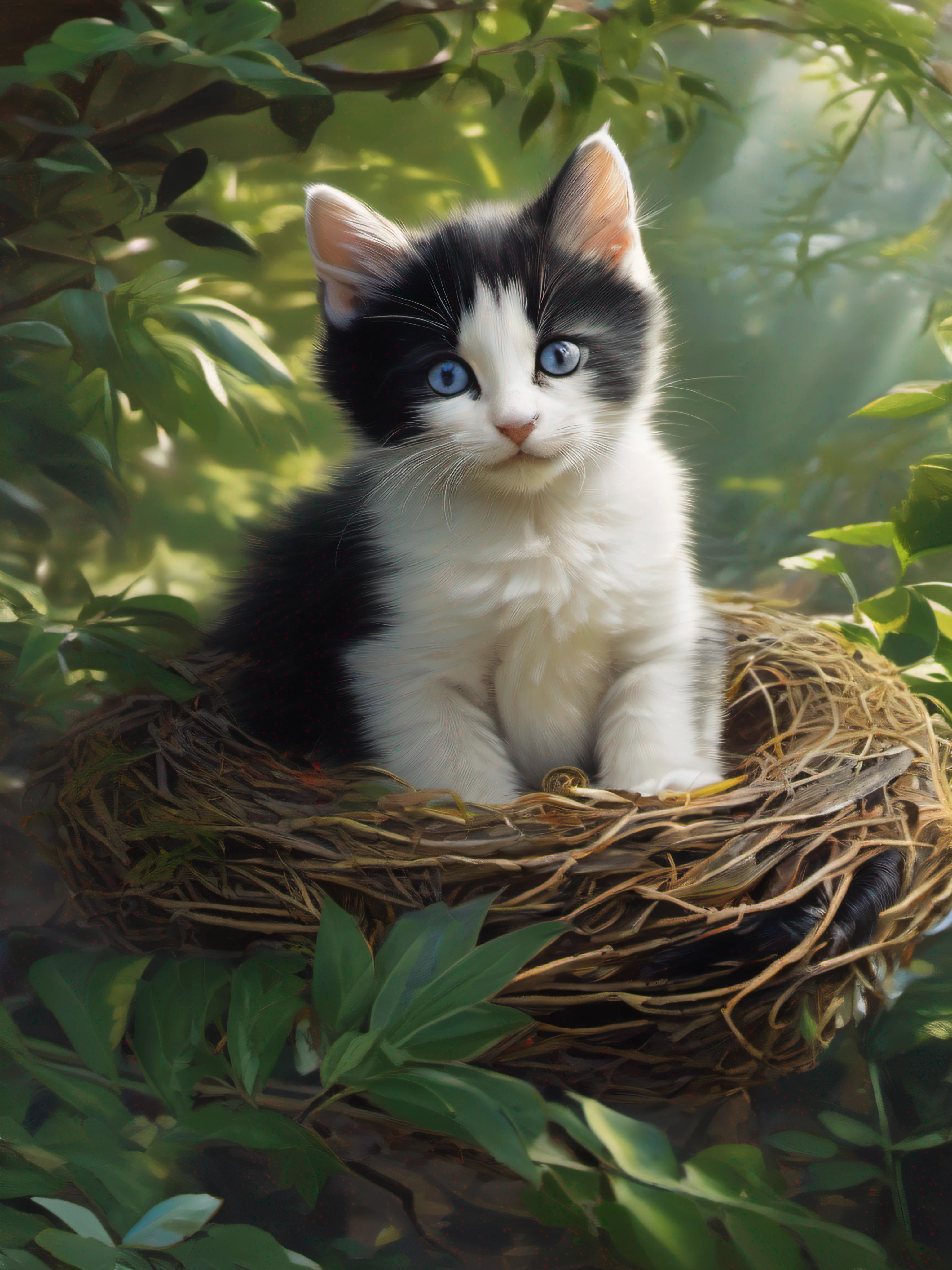 Black and white kitten, Kitten sleeping in a bird's nest, Summer in Japan, Ne pas attirer les yeux est inacceptable, Ultra HD 8K, Portrait conceptuel par Greg rutkowski, Artgerm, hyperdetailed, intricate high detail, Couleurs triadiques, Fantastique, intricate high detail, splash screen, Complementary color, 8k resolution, oil painting, coups lourds, softlighting, Photographie argentique, Photographie analogique, grain du film, hyperrealism, f/2.8, 35mm, Canon, god rays, super detail, ccurate, high details, award winning, best quality, 16k