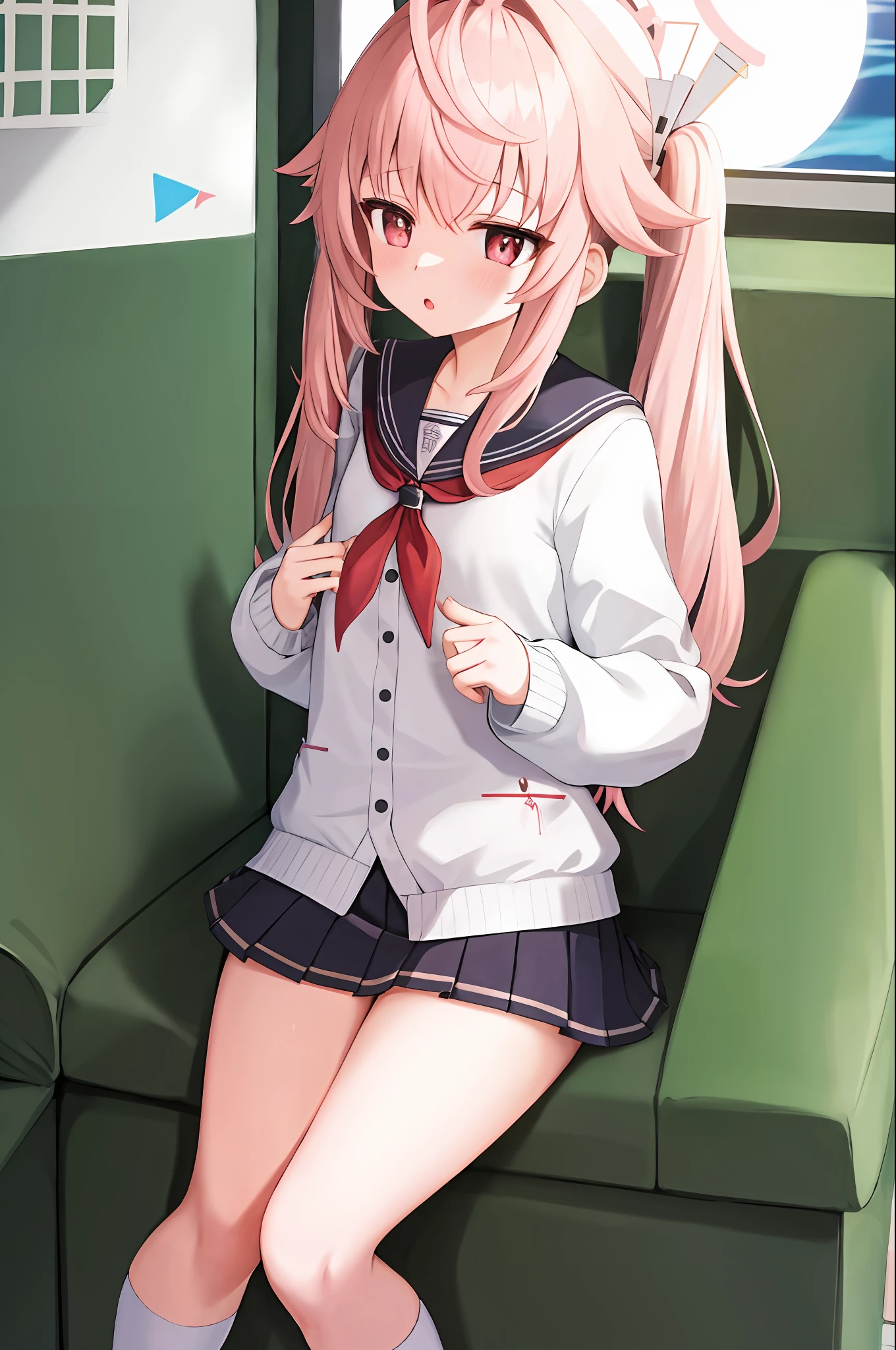 1girl,natsu,A pink-haired,halo,ahoge,side ponytails,long whitr hair,ahoge,hair adornments,long whitr hair,longer sleeves,Sailor collar,校服,serafuku,a skirt,upper legs,Black stockings,Red scarf,Imprisoned,Being violated by ,Being sucked by a child's breast