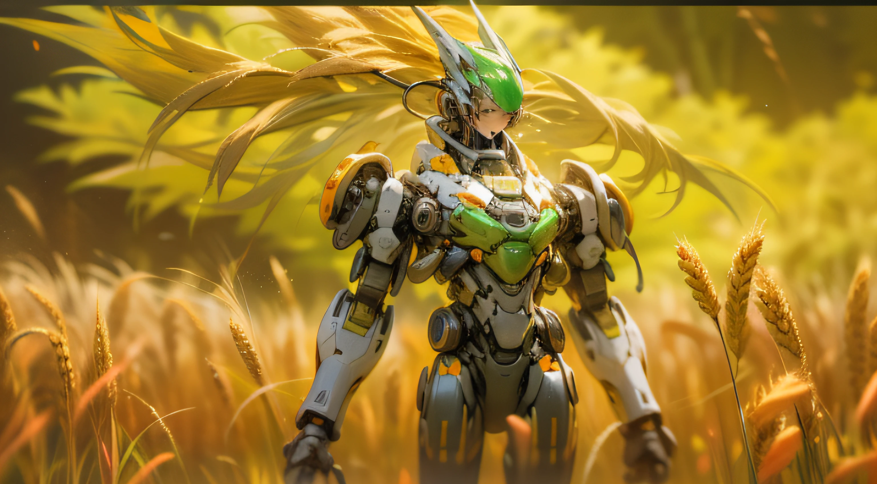 A colossal, mechanical interpretation of the Greek goddess Demeter, standing tall amidst a verdant field of wheat. The robot's design incorporates elements of nature, with a color palette dominated by shades of green, brown, and yellow. It holds a bundle of grain in its hand, and its body is adorned with decorations resembling fruits. The robot's special function is to cultivate and assist in the harvest, a nod to Demeter's role as the goddess of agriculture. The style should be hyper-realistic, with high-resolution 16k detail. The lighting should be natural, illuminating the robot and the surrounding field in a warm, golden glow. The composition should be a wide-angle shot, capturing the full stature of the robot and the expanse of the field. --ar 16:9 --v 5.1 --style raw --q 2 --s 750