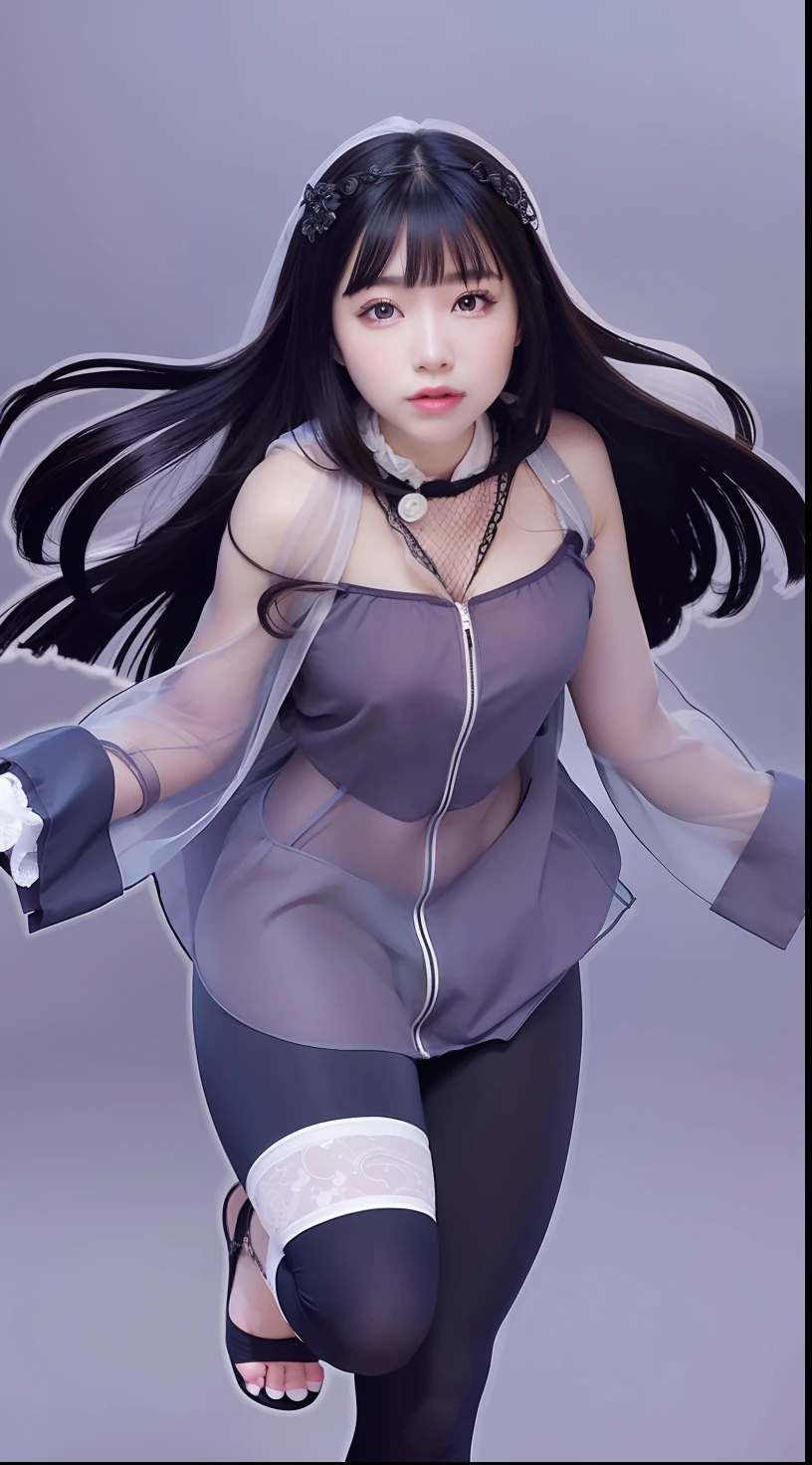 Masterpiece, highest quality, high resolution, interior, detail maniac, high definition, high quality, detailed face, detailed body limbs, detailed five fingers, 1girl, solo, Hinata Hinata, Hyuga sleeveless clothing, bed, sleeveless shirt, fishnet garment, dark lips, unzipped jacket, no bra, tong, exposed breasts, blushing, white light stockings, transparent clothes, exposed pubic hair, camel fingers,