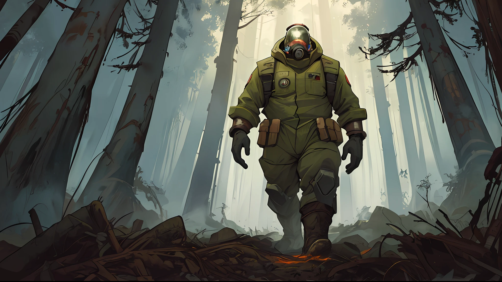 extreme wide shot, environment concept art, masterpiece, best quality, digital painting, (((bulky man, broad shoulders, hazmat suit, gas mask, accessories, survey team, exploring in the dense forest, with a lot of mounds of earth around, alien forest, exotic))), ((((giant glowing fungal growth, roots, infestation, xen, spores, polluted air)))), bleak, post-apocalypse, cinematic, dramatic, highly detailed, stylized wallpaper, heavy brush strokes