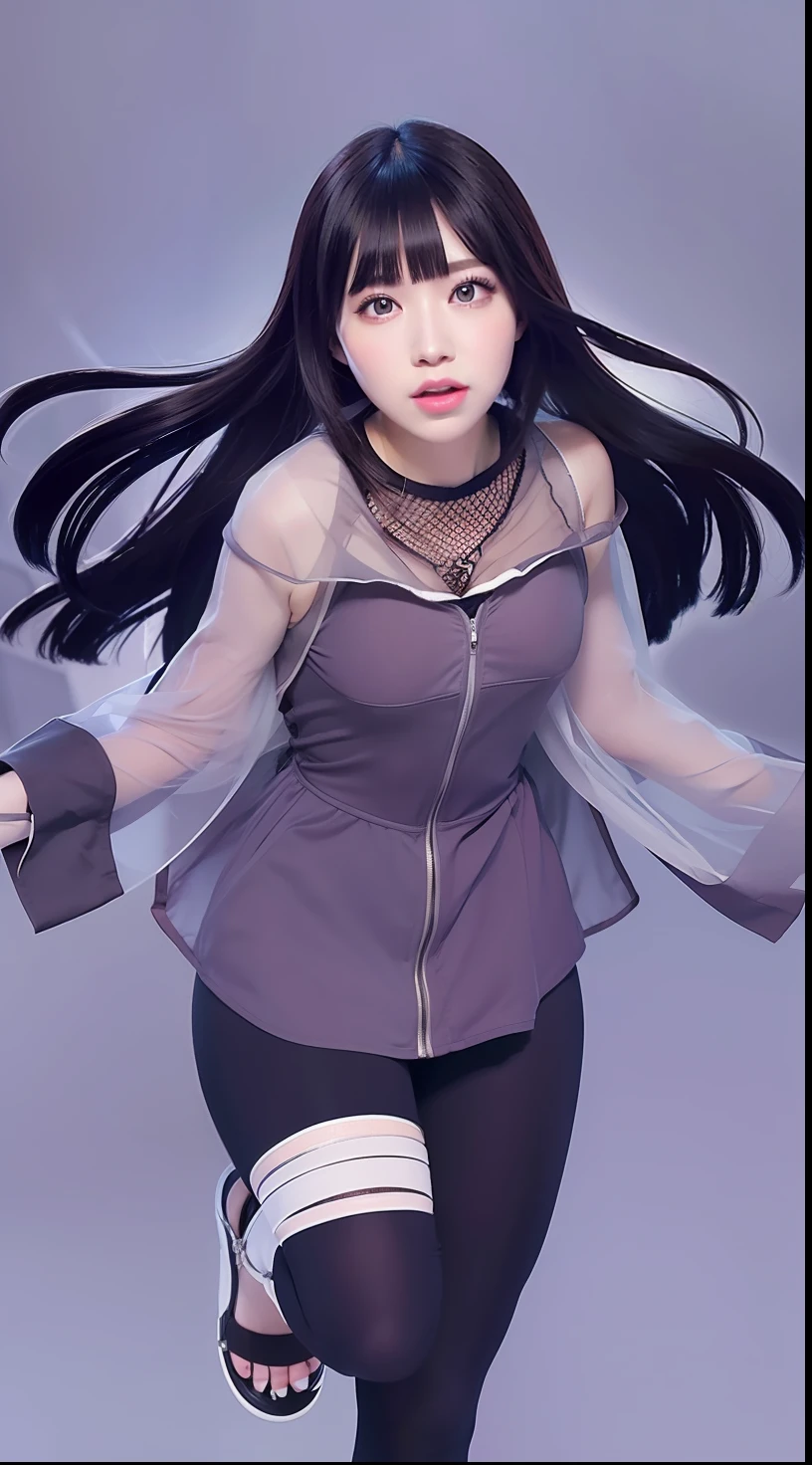 Masterpiece, highest quality, high resolution, interior, detail maniac, high definition, high quality, detailed face, detailed body limbs, detailed five fingers, 1girl, solo, Hinata Hinata, Hyuga sleeveless clothing, bed, sleeveless shirt, fishnet garment, dark lips, unzipped jacket, no bra, tong, exposed breasts, blushing, white light stockings, transparent clothes, exposed pubic hair, camel fingers,