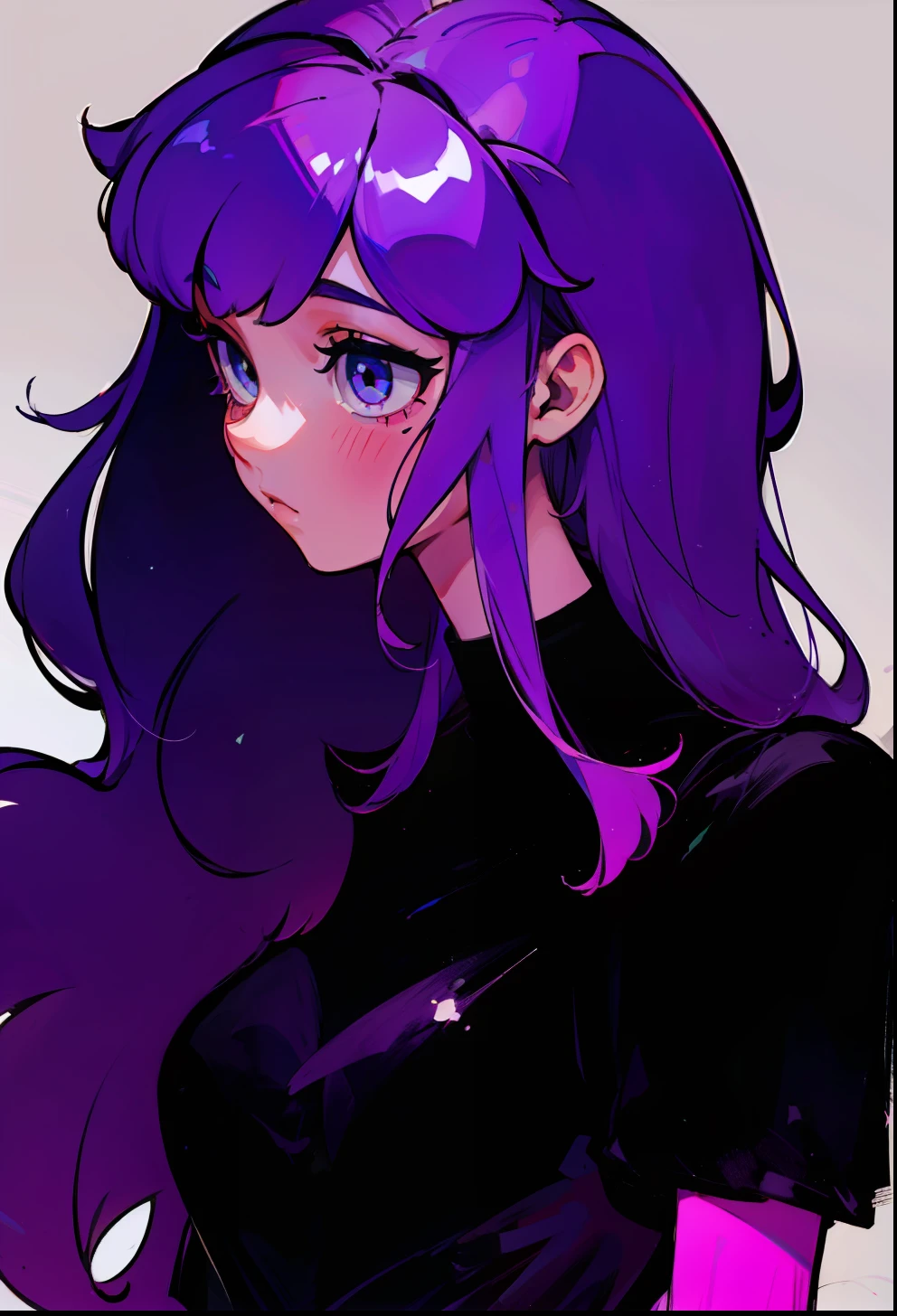 Straight hair, 1Girl, Black Tops, Pastel purple hair