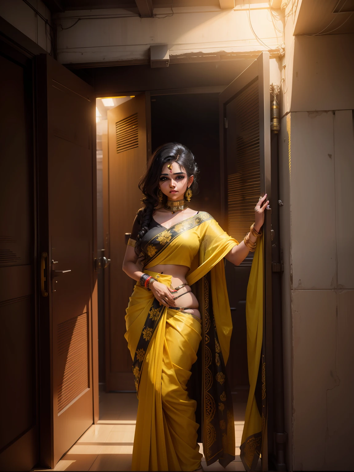 change background cyberpunk indian beautiful girl, wearing yellow saree, black blaus, curle hair, Front of Door, Ultra realistic , 8k