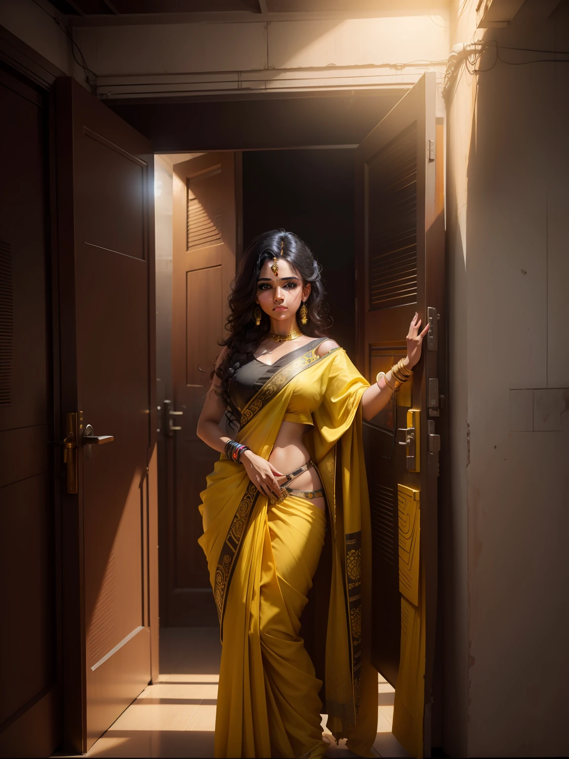 change background cyberpunk indian beautiful girl, wearing yellow saree, black blaus, curle hair, Front of Door, Ultra realistic , 8k