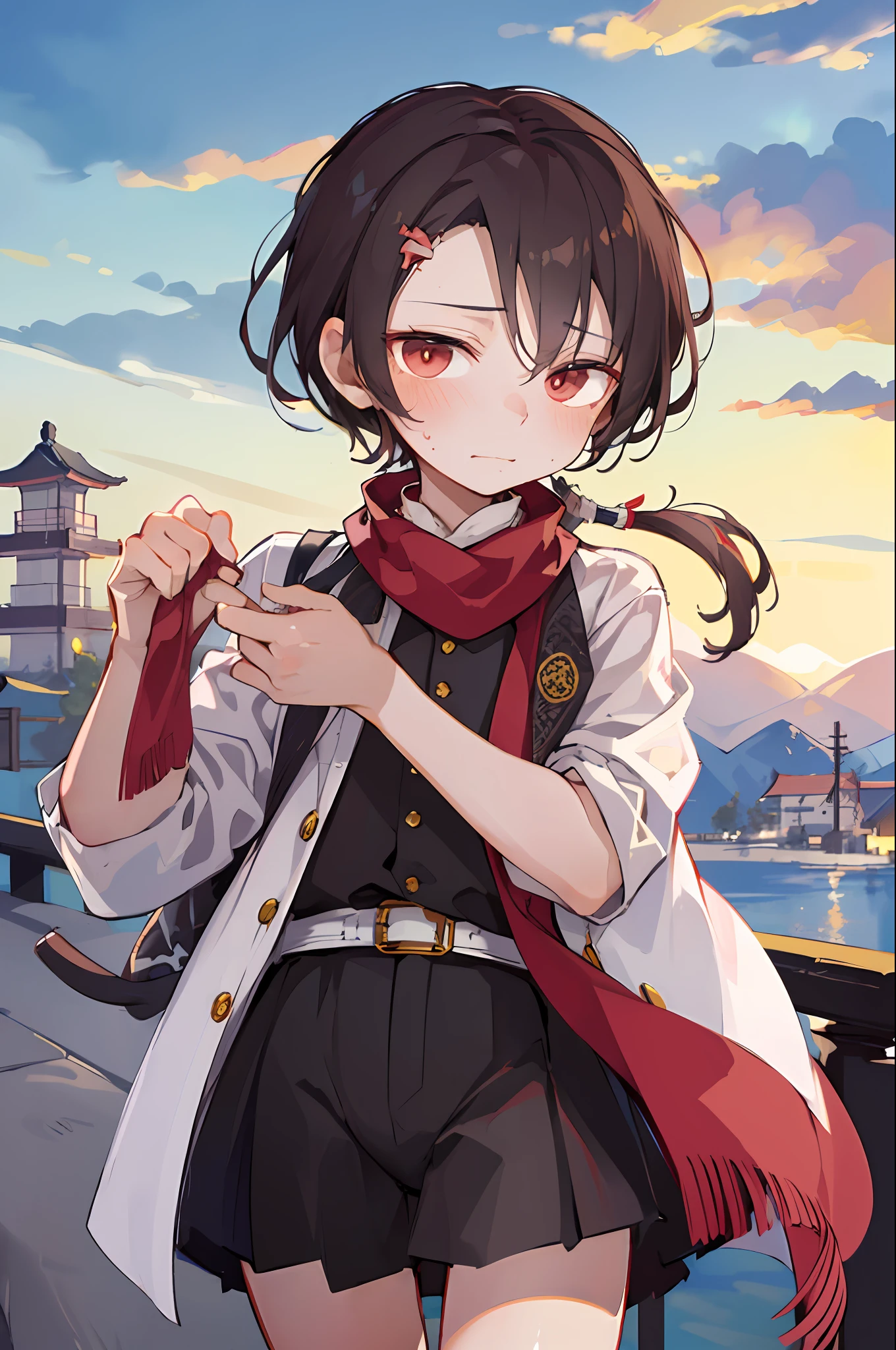 (masterpiece, best quality:1.2), cowboy shot, solo, male focus, 1boy, kashuu kiyomitsu, expressionless, closed mouth, looking at viewer, ponytail, japanese clothes, red scarf, jewelry