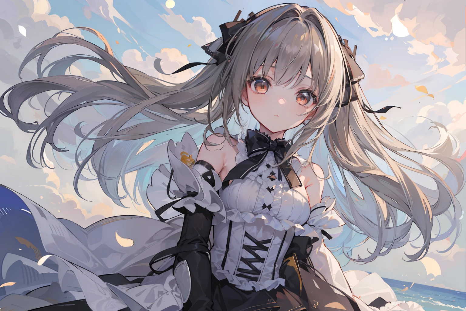 (Top image quality)、(ultra-detailliert)、(Facing the front)、top-quality、masterpiece、(((1girl in)))、Lori、girl with、((greyt hair))、(flaxen hair)、Brown eyes、(Two-side-up)、ta、frilld、a black ribbon