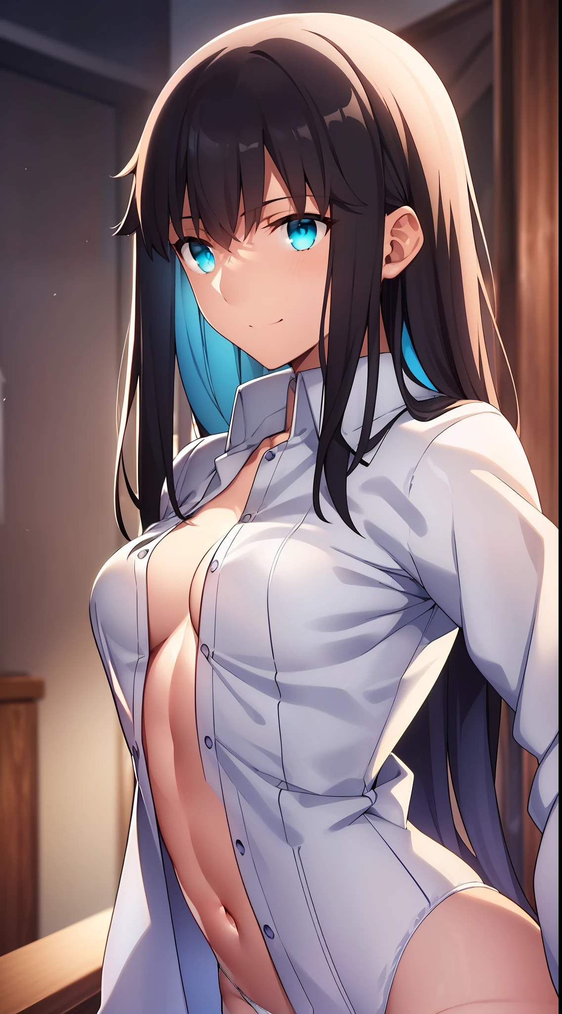 {{beautiful}}, amazing, (best quality:1.5), (masterpiece:1.5), extremely delicate and beautiful, intricate details, finely detailed, extremely detailed, beautifully detailed, ultra-detailed, (hyperdetailed:1.5), high resolution, (illustration), watercolor pencil, Clear line drawing, (ufotable style:1.1), (ufotable screen cap:1.1), anime coloring, anime screencap, (latest picture), backlighting, dynamic angle, glow, depth of field, {{body satisfaction}}, (body with a good balance of style:1.5), (slender figure:1.5), perfect body, perfect hands, perfect feet, (two arms:1.2), (two legs:1.2), (five fingers each:1.2), (perfect joint:1.2), perfect joint movement, beautiful detailed eyes, (detailed eyes:1.5), finely detailed eyes, perfect anatomy, full dissection, perfect composition, correct limbs, balance and coordination in all things, realistic:0.5, precise fingers and hands, (finely drawn hair:1.5), {{cool girl}}, (black hair:1.3), (semi-long hair:1.3), (straight hair:1.3), bangs, (cyan eyes:1.3), (medium breasts:1.3), (small-sized buttocks:1.3), {{white collared shirt}}, (white long-sleeved collared shirt:1.5), (unbutton the top button of the shirt:1.5), (taking out a hem:1.2), breast tent, (white panties:1.5), bare legs, smile, shy,