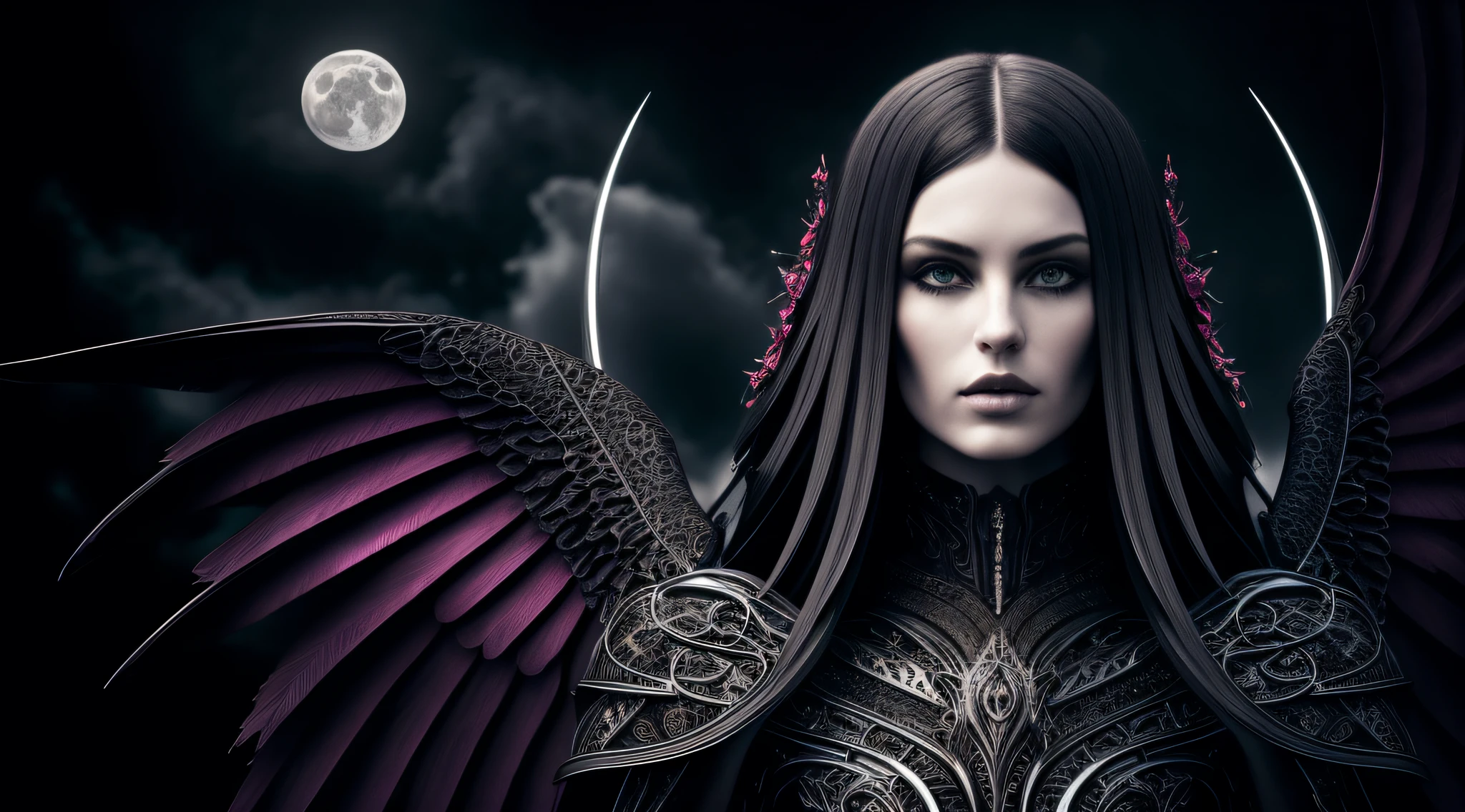ornate, intricate details, beautiful dark angel, beautiful face, gothic style, hyper-realistic fantasy art, digital illustration, black colorful, moon scene, Perfect anatomy, Studio photo, Rich color, Sensual, Fantasy, Photorealistic, Ultra detailed, Vibrant lighting, Realistic textures, Beautiful face, Cute Eyes, Fine details, Intricate details, Full body, Hyperrealistic, Shine, Full figure, Supermodel