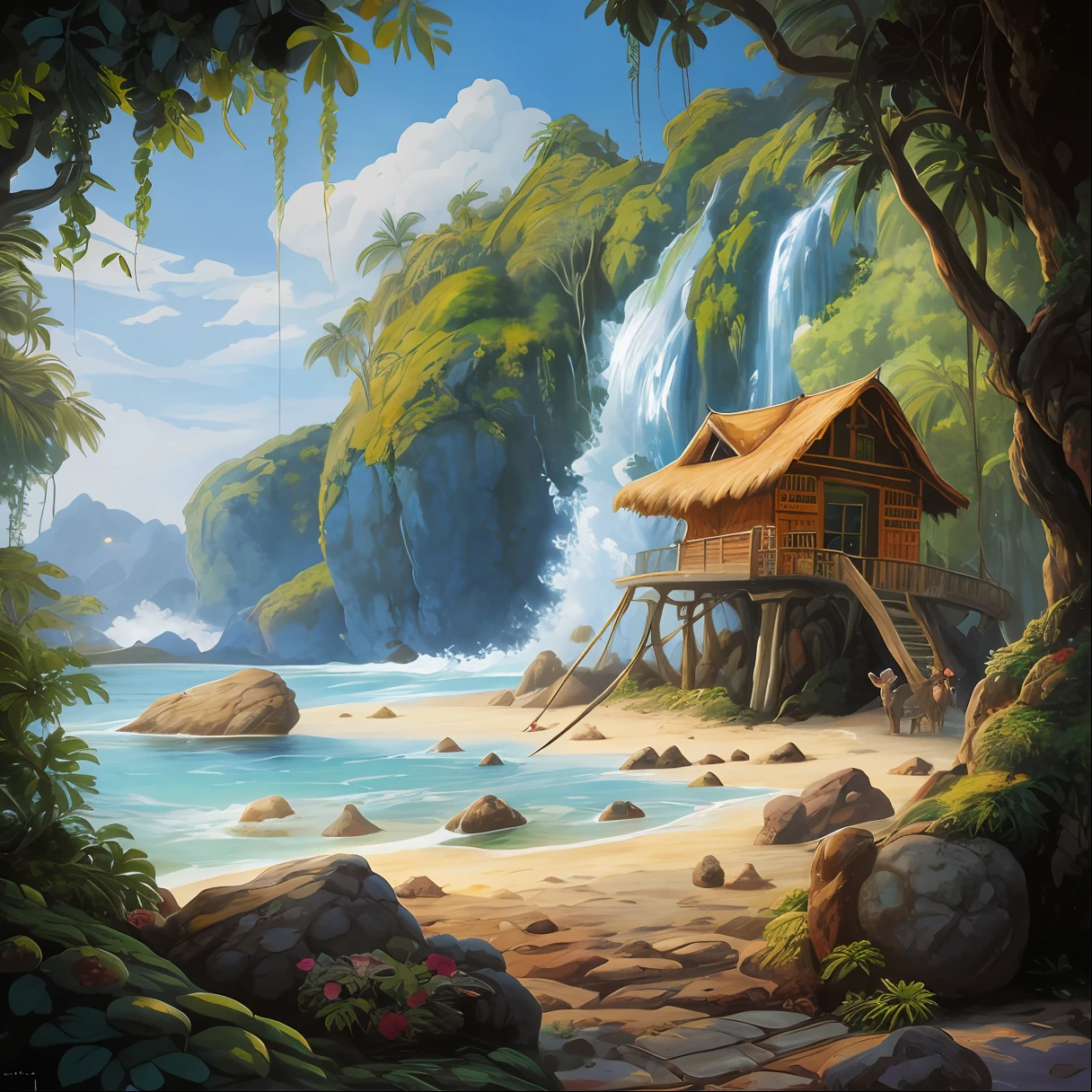 pintura de uma cabana em uma ilha tropical com uma cachoeira, Estilo Andreas Rocha, a beautiful artwork illustration, Tran Ross. scenic background, illustration matte painting, Directed by: Aleksander Gine, pintura digital altamente detalhada, arte conceitual relaxante, inspirado em Andreas Rocha, environment design illustration, Fantasia pintura fosca，fofo, pintura digital altamente detalhada, pintado como uma arte conceitual de jogo