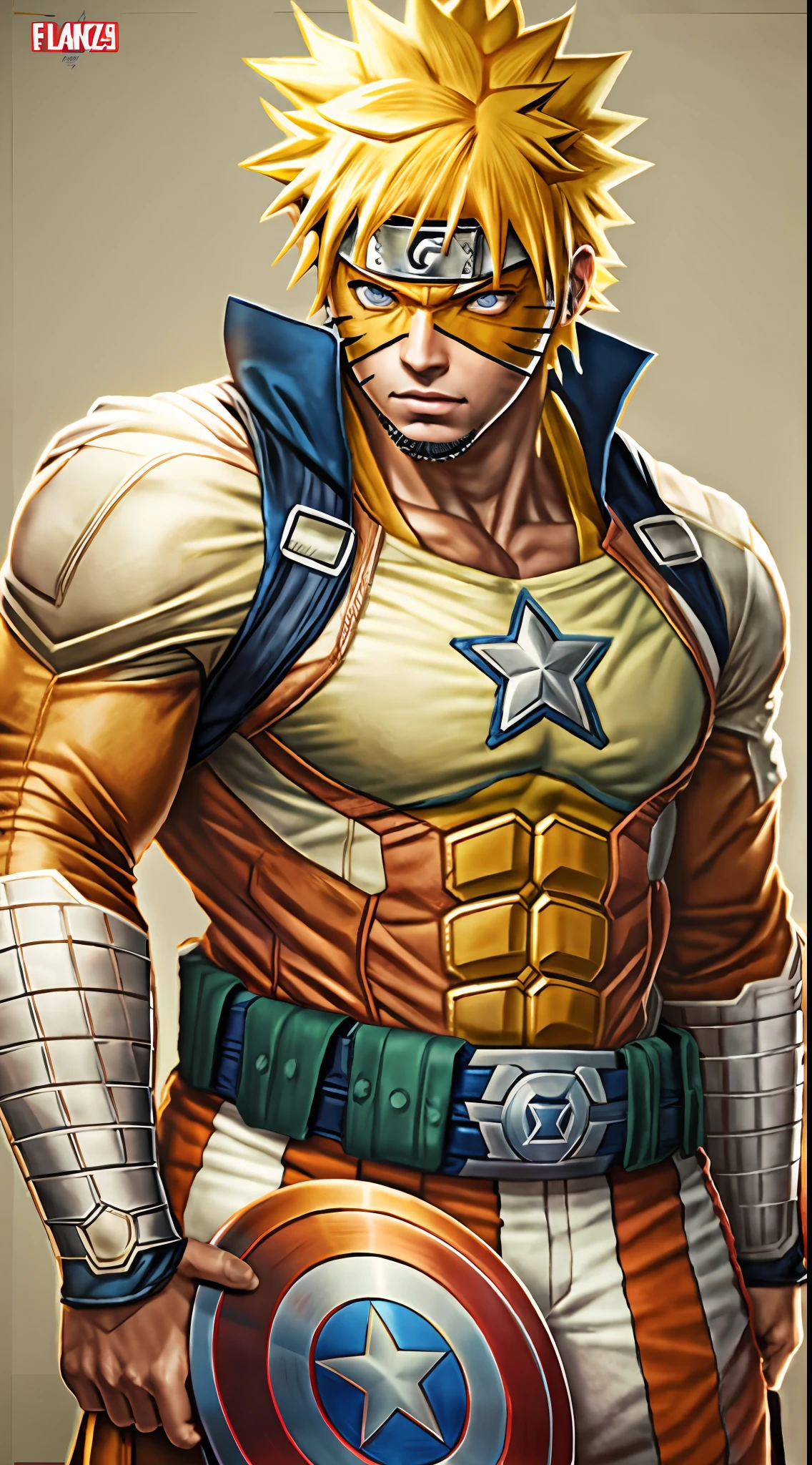 Naruto and Captain America Fusion, musculoso, corpo quente, 1st grade, Escudo Laranja, boca aberta, Terno laranja com detalhes azuis perto de nu, cidade de fundo olhos vermelhos ardentes, Olho flamejante, Realistic,