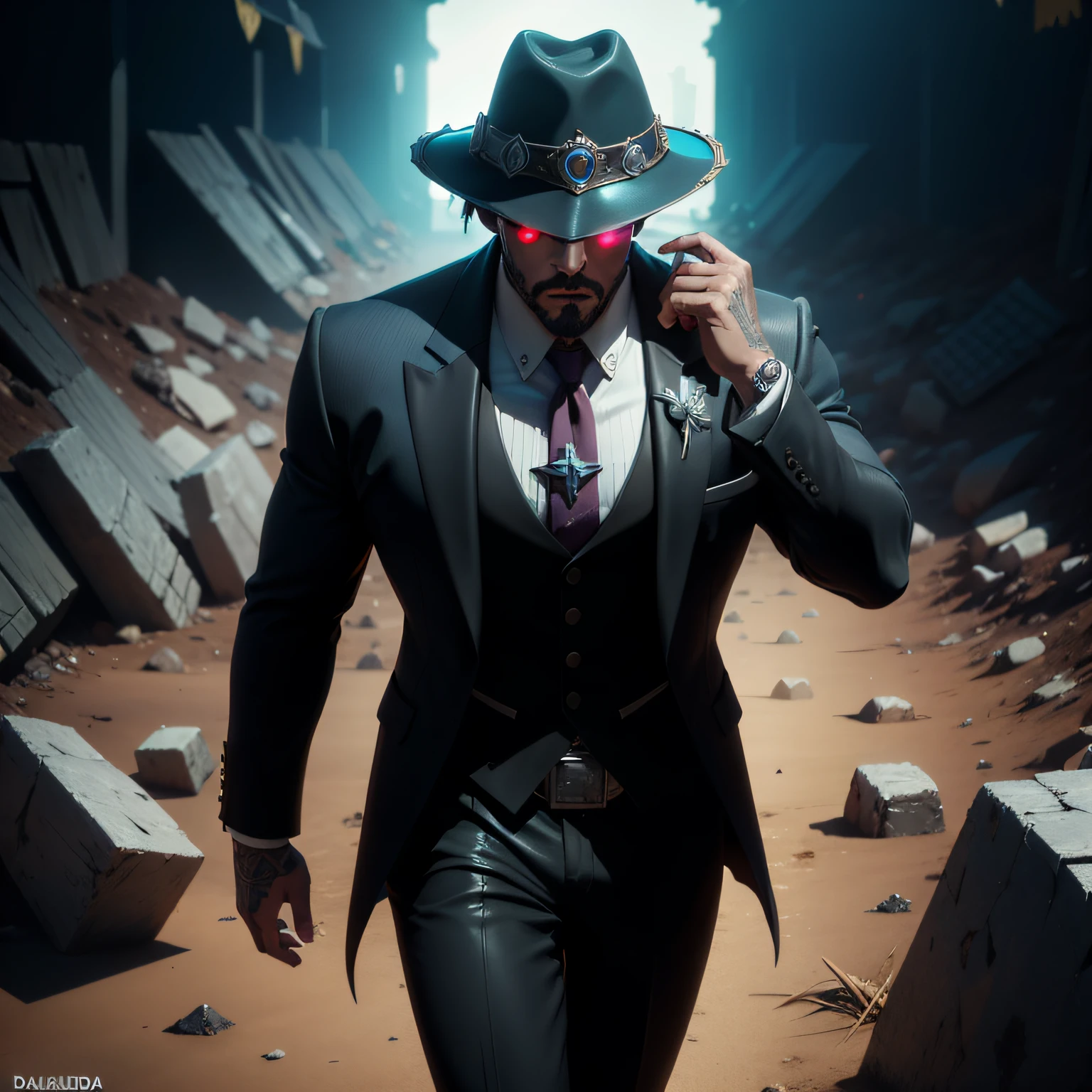 homen,mafioso , estilo Graves, League Of Legends, Riot Games , armadura,efeito vhs,intricadamente detalhado ,detalhes finos,detalhes finos,ray tracing,Subsurface dispersion,lighting soft fuzzy,profundidade de campo rasa, (League Of Legends),trending in the artstation,Alto Detalhe, foco nítido