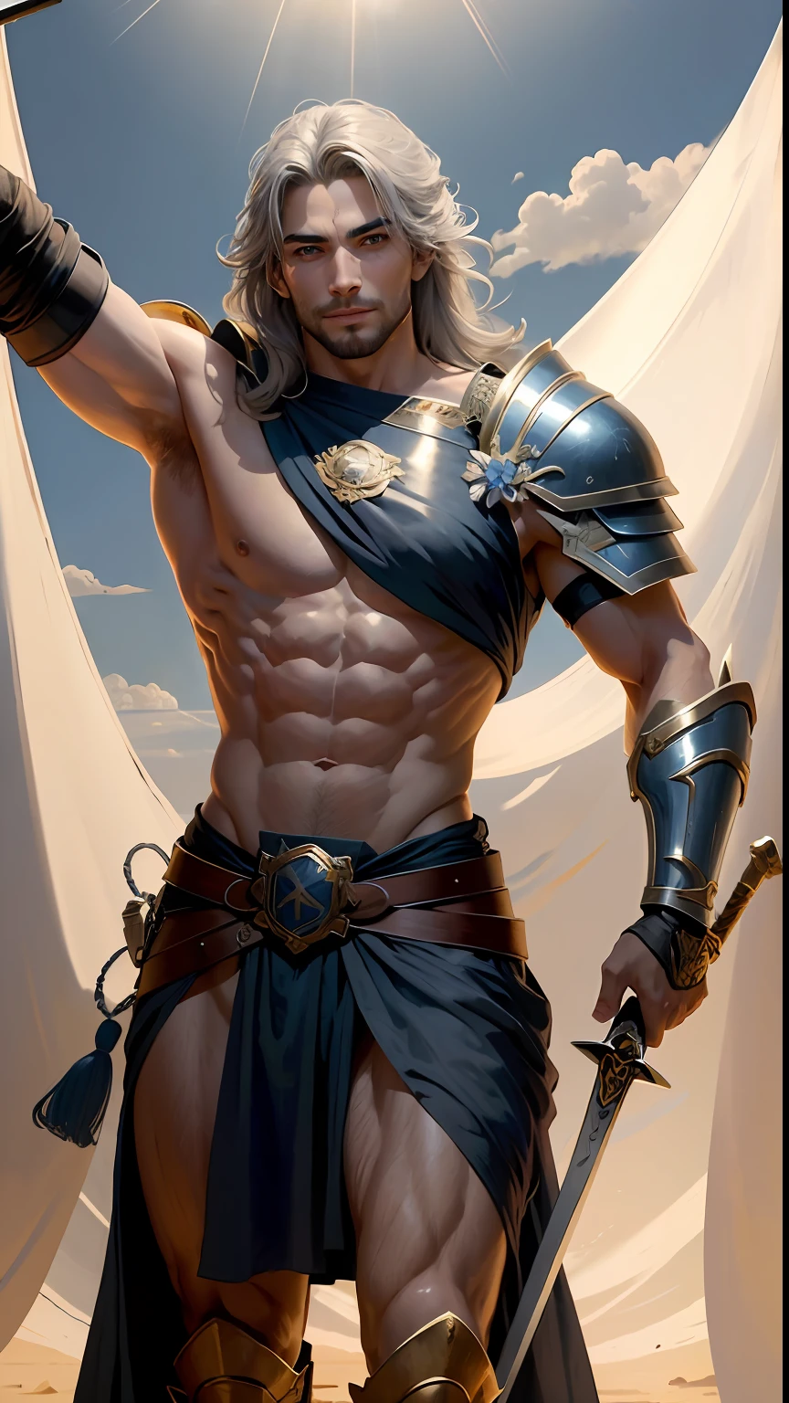 A handsome Greek warrior, blue-sky, Under the sunlight, The smile is bright, Handsome face, Sword eyebrows, perfect bodies, musculature, sense of strength, Gray armor, No helmet, Waving his hands, (dual swords), Slender figure, A pair of long legs, Muscular, (Horse circle in the background), Sword dancing with both hands, （Picture character 1：1）Look to the lens