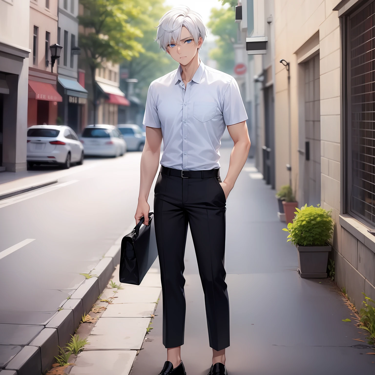 Male, white hair, light blue eyes, short hair, Black shirt, black pants, black shoes