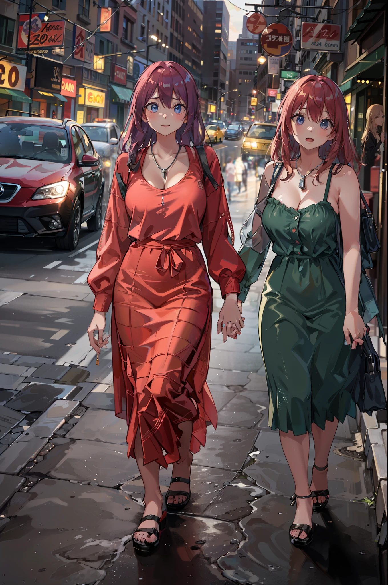 Una imagen espectacular. A medium shot of a beautiful young woman of about 23 years and her sister of 27 years even more impressive, are of Germanic origin. The two are together holding hands strolling down a New York street on a Saturday night on their way to party areas......... Realismo extremo, detalles locos, intricate composition, cinematic quality, perfect photography, Colores sublimes.