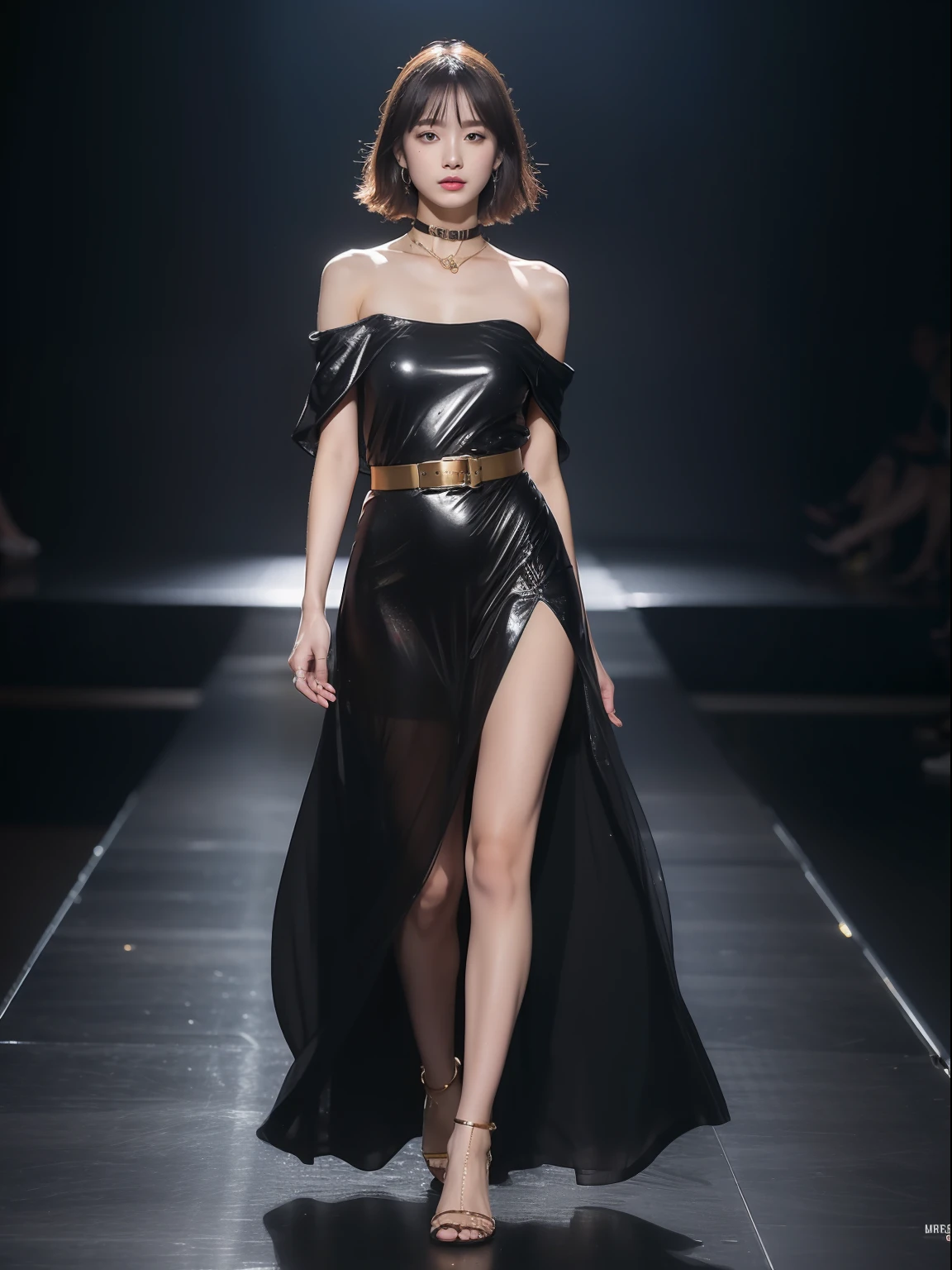 (Best quality, 8k, 32k, Masterpiece, UHD:1.2),Photo of Pretty Japanese woman, 1girl, (medium-short dark brown hair), double eyelid, fashion model, beautiful legs, unique maxi very wet glod dress with slit, off-shoulder, gold belt, choker, stand tall, runway, huge stage, Paris Collection, nsfw, full body, see through,,