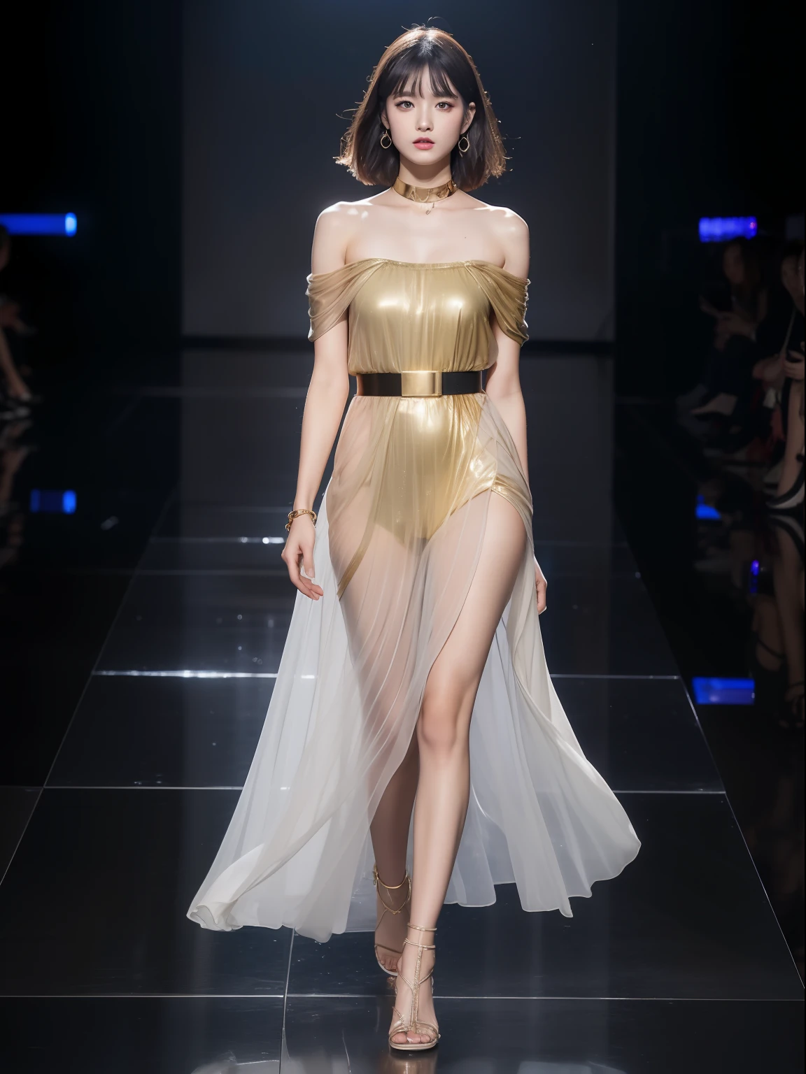 (Best quality, 8k, 32k, Masterpiece, UHD:1.2),Photo of Pretty Japanese woman, 1girl, (medium-short dark brown hair), double eyelid, fashion model, beautiful legs, unique maxi very wet glod dress with slit, off-shoulder, gold belt, choker, stand tall, runway, huge stage, Paris Collection, nsfw, full body, see through,,