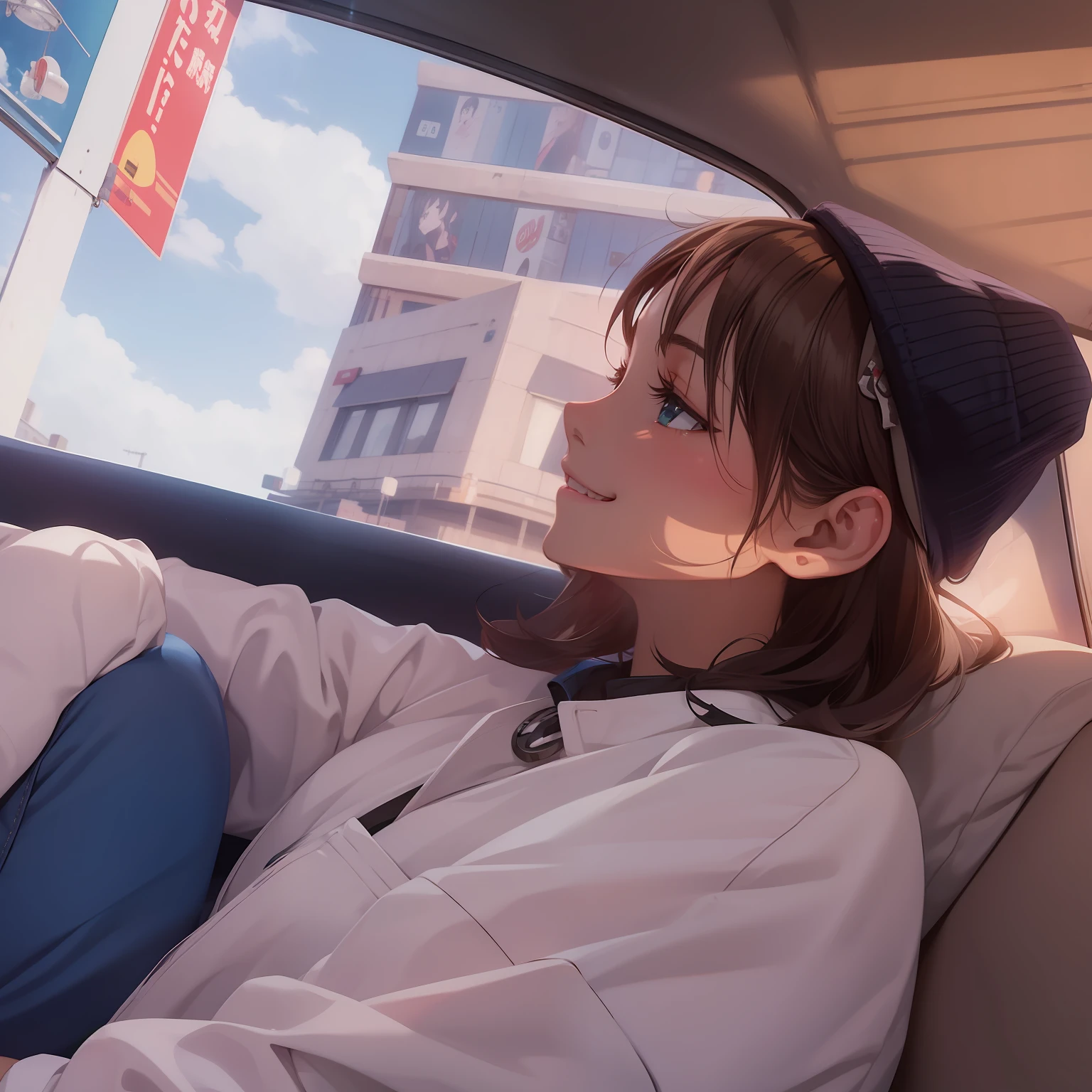 one-girl，having fun，Smile sweetly，Suede cap，Estilo de Makoto Shinkai