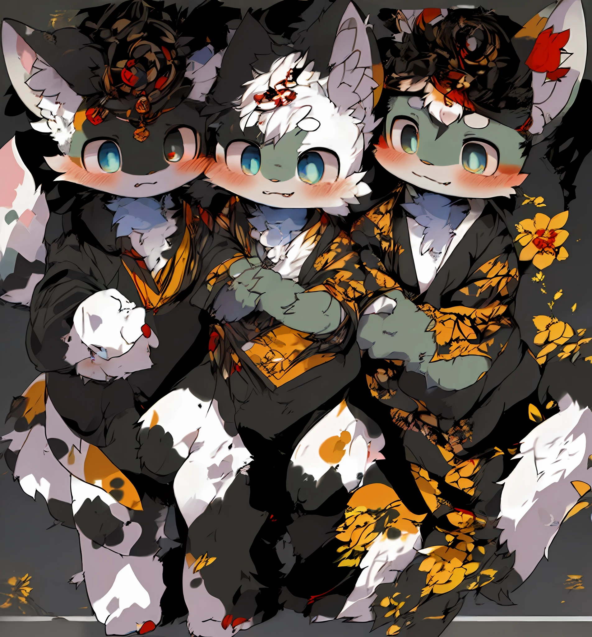 Anime boy in kimono，male orc，Shota，onmyoji，Cat orcs，Furry，Umbrellas and cats，Sanhua cat orc，Red and blue pupils，Fluffy long tail，Two tail，White hair，ultraclear