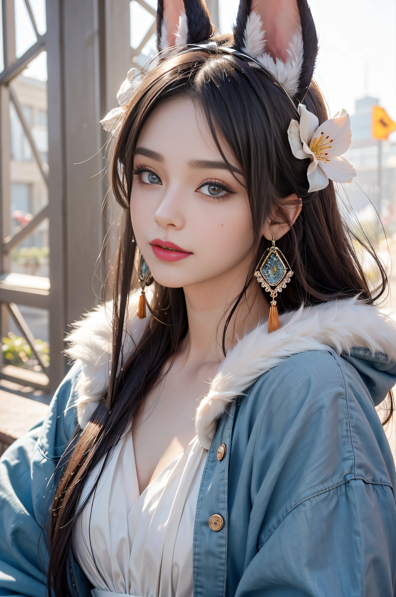 Textured skin,Heavy makeup,Pick dyeing,Rabbit ear headdress,Heavy makeup,Ribbons,diamonds earrings,There is a flower pattern on the forehead,Beauty mole,Heterochromic pupils,Light smile,A high resolution,tmasterpiece,Best quality,Portrait of 1girl,