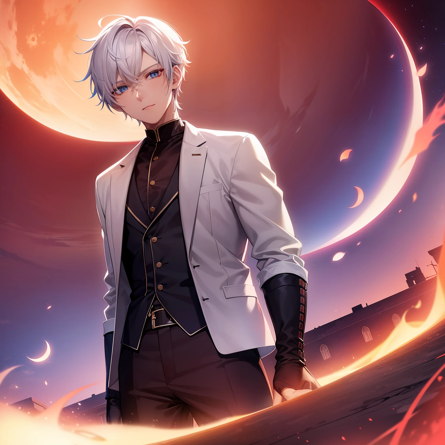 male, white hair, blue eyes, 20 years old, short hair, blood moon, very red sky, very red night, blue charge aura