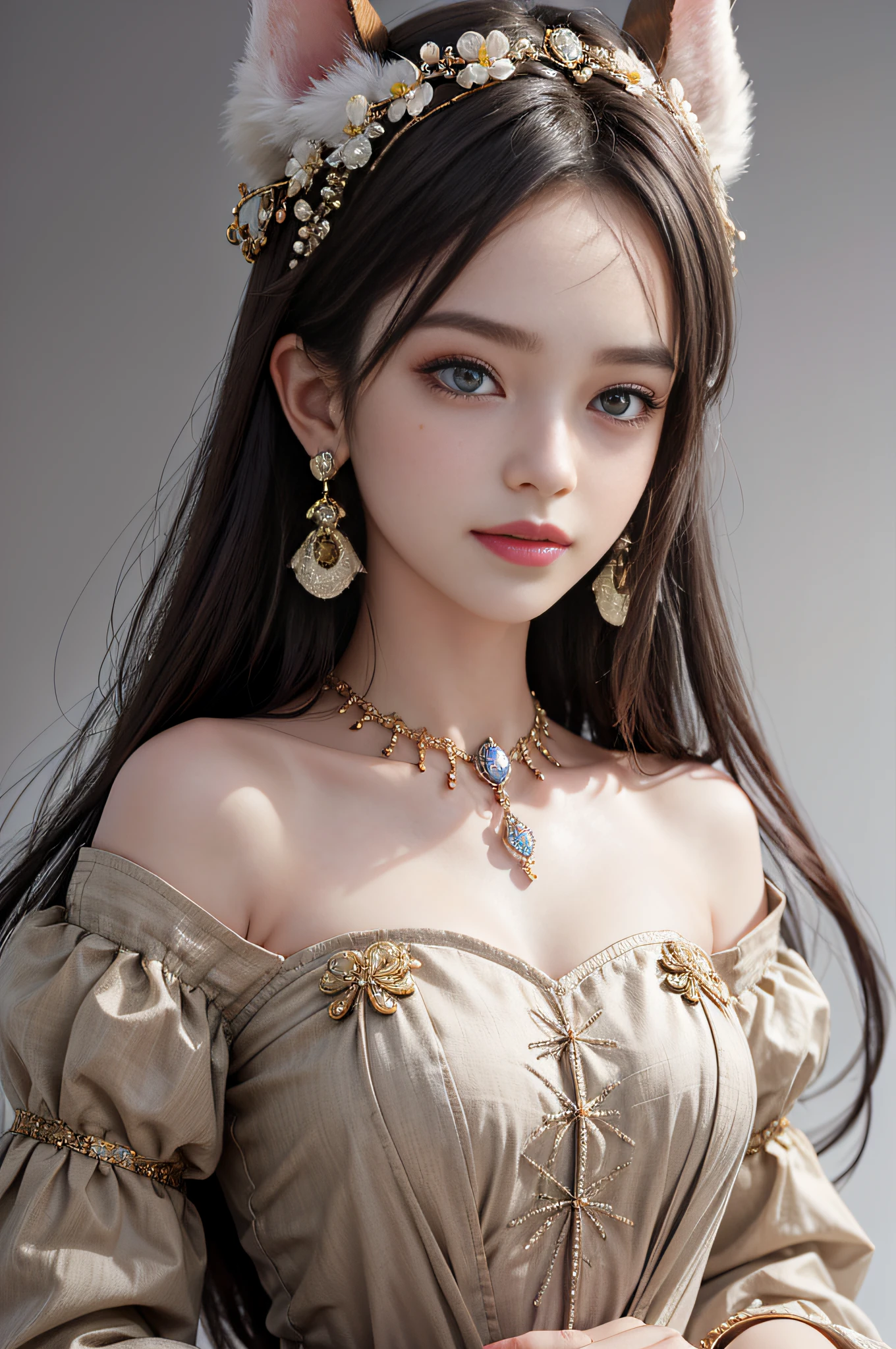 Textured skin，Heavy makeup，Pick dyeing，Rabbit ear headdress，Heavy makeup，Ribbons，diamonds earrings，There is a flower pattern on the forehead，Beauty mole，Heterochromic pupils，Light smile，A high resolution，tmasterpiece，Best quality，Portrait of 1girl，