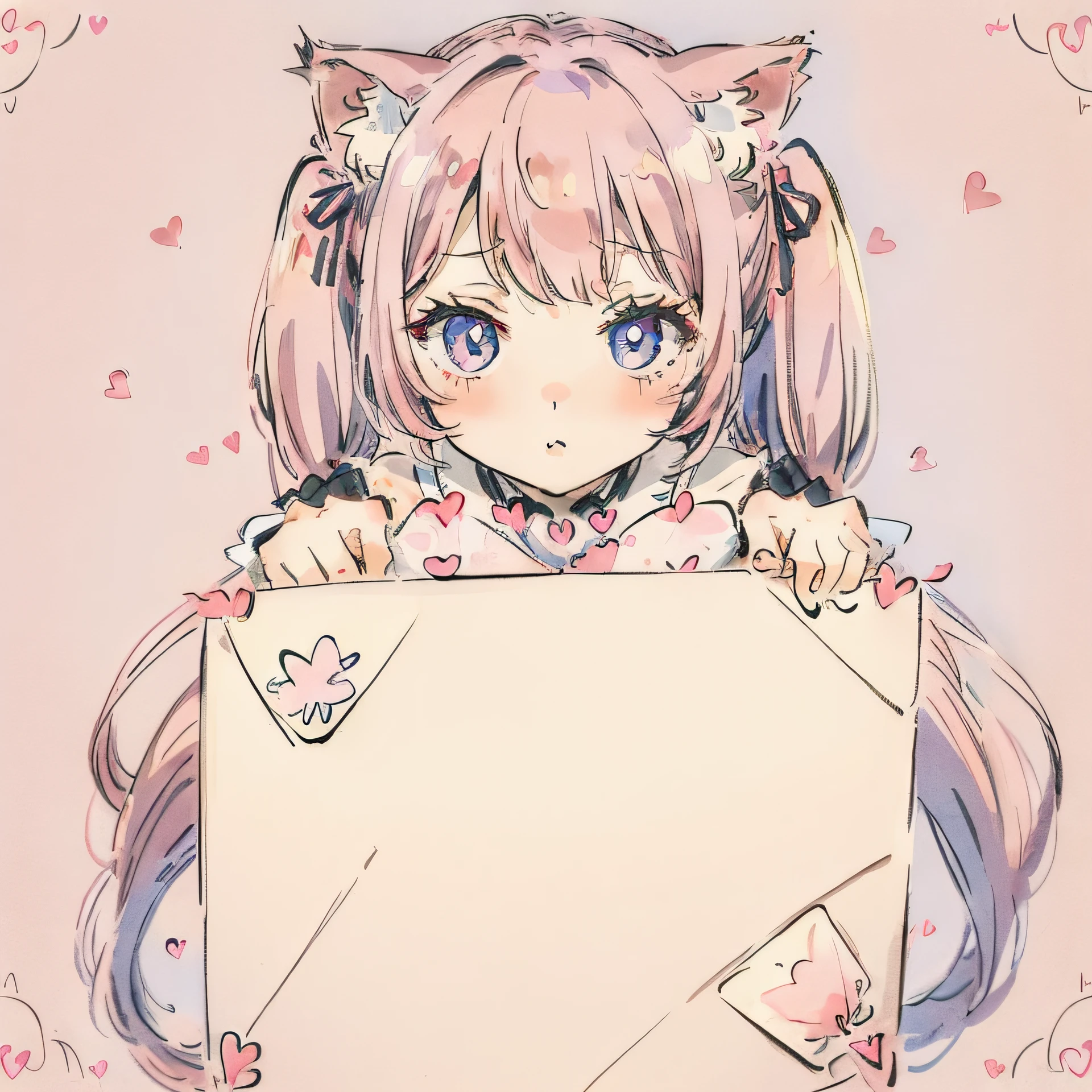 ((worst quality, low quality)), Cat ear girl, solo, slender, twintails and long pink hair, hair over one eye, plump glossy lips, beautiful clear eyes, (((send a love letter))), serafuku, embarrassed, leaning forward, Library, masterpiece