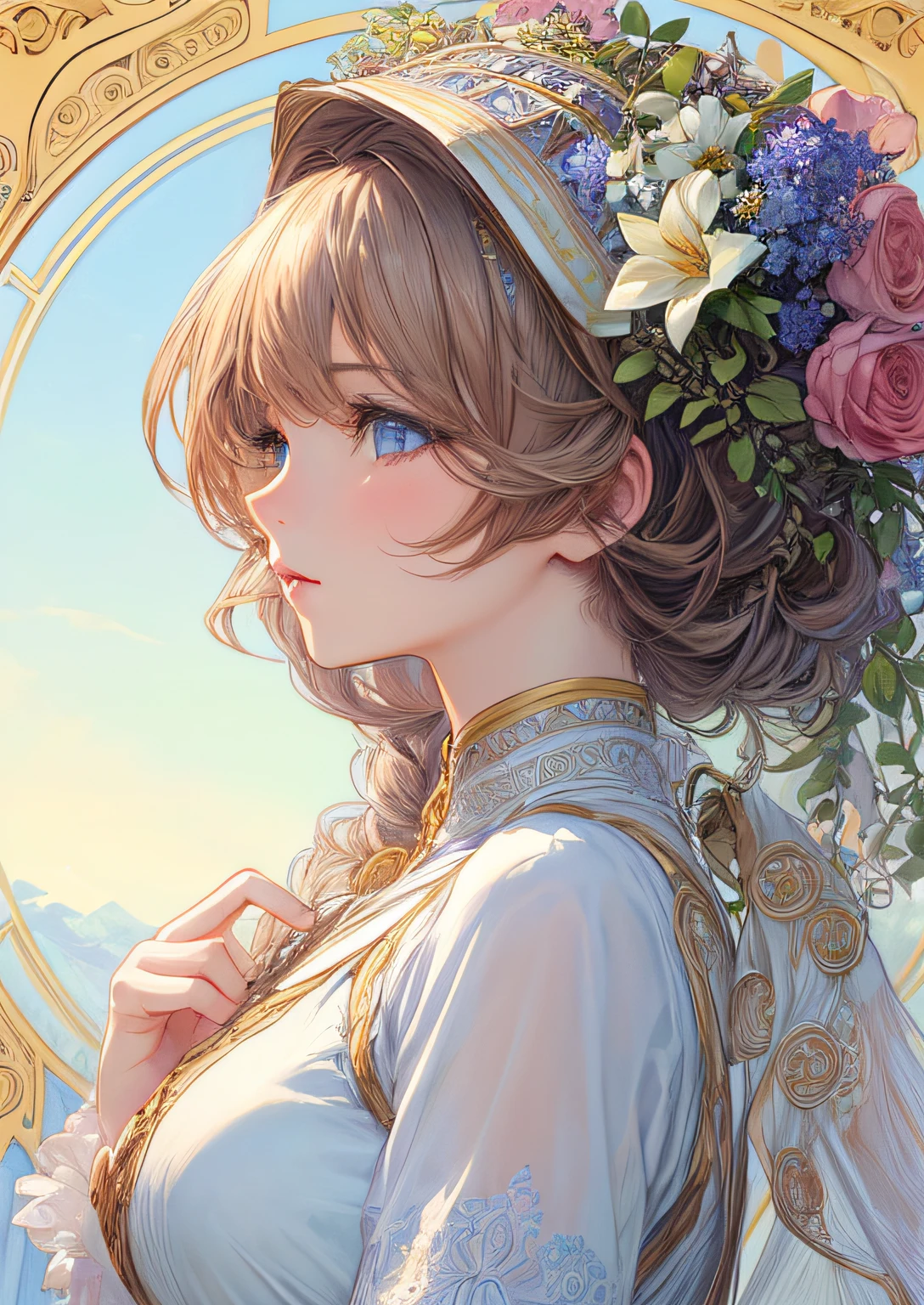 (masterpiece, best quality, detailed beautiful:1.2), (perfect sketch, detailed clothes, detailed eyes), Krenz Kchart style, Alphonse Mucha style, (1girl), solo, (looking left), dressed like nordic goddess, (portrait, shot from side), a lot of flowers in the frame,