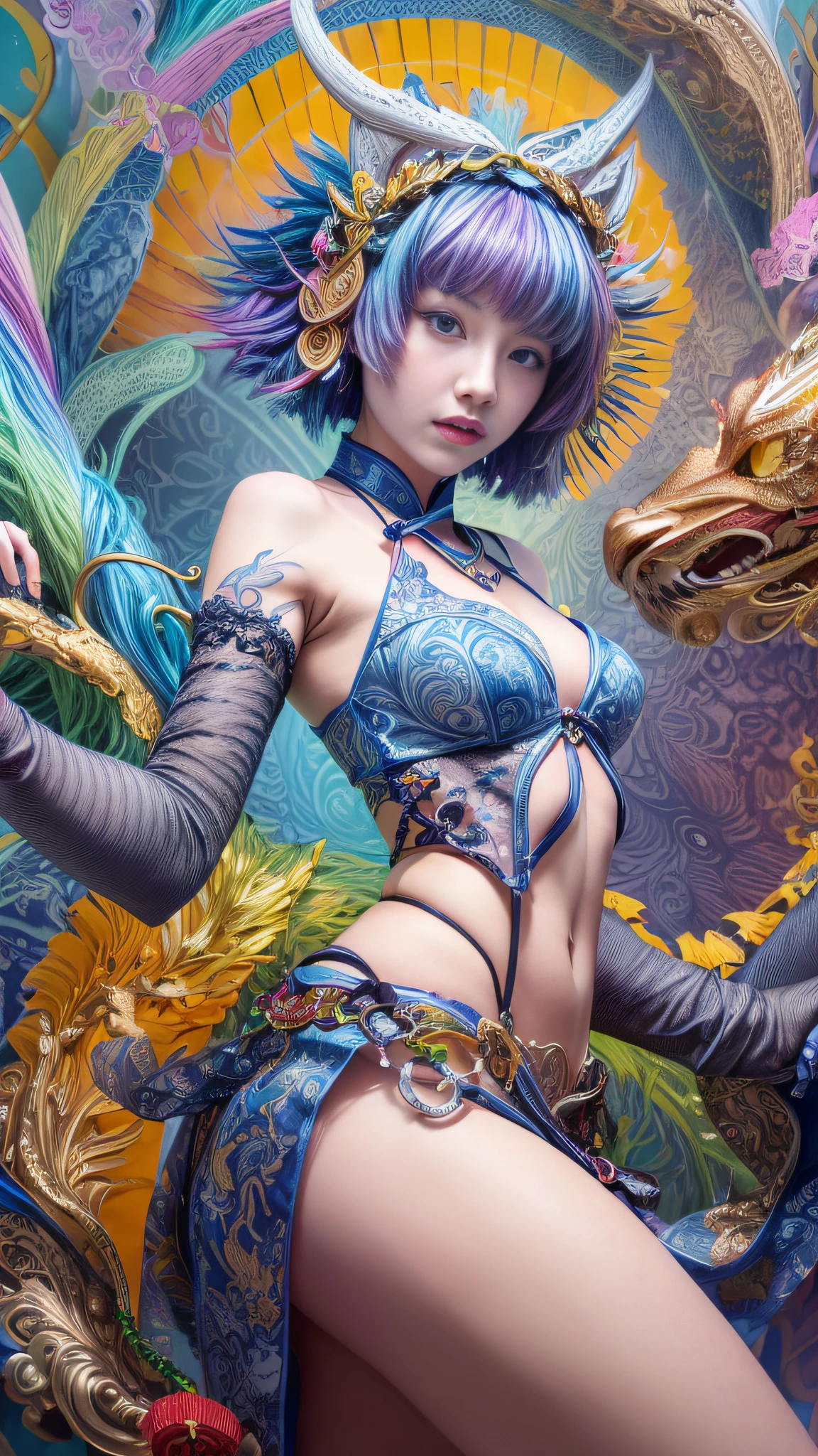Official Art, Unified 8K Wallpapers, Ultra Detailed, Beautiful and Aesthetic, Masterpiece, Best Quality, (Zentangle, Tangle, Entangle), (fractal art: 1.4), (character center: 1.3), 1girl, black hair, Chinese, off-the-shoulders, short skirt, calf, navel, very detailed, dynamic angle, cowboyshot, (most beautiful form of chaos), ethereal, (bright colors), oc, (half: 1.2), china, (thangka flying sky: 1.5), (ribbon: 1.3), (dream: 1.5), (hanfu: 1.5), Chinese dragon, Chinese phoenix, (smile: 0.5), ( Chinese deities),