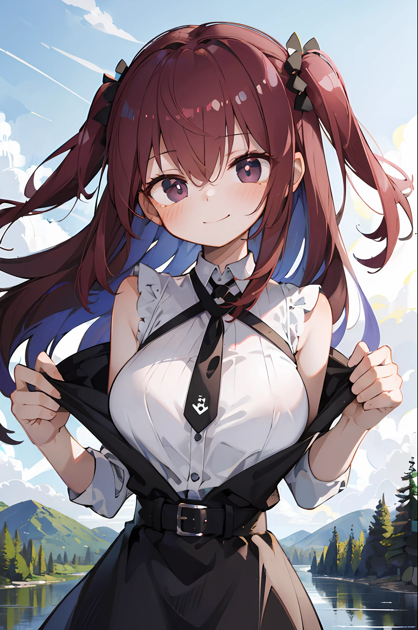 (masterpiece, best quality:1.3), 1girl, large breasts, morning, river, water, forest, halterneck, standing, two side up, maroon hair, black eyes, happy tear, smile, happy,