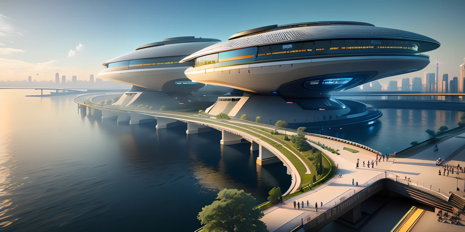 Futuristic architectural visualization, Huge train station, avant-garde design, Large curve design, Evening, vray rendered, Render ray tracing, Intricate, Highly detailed, 8K, hdr, Highest quality, Sharp focus, Photorealism,((Masterpiece, Best quality)), Futuristic architectural style, photographrealistic, hyperedetailed photo, Clean skies, Sci-Fi City, cyber punk perssonage, Large artificial island，viewed from bird's-eye，Best Picture Quality，城市，Greenery，das boot